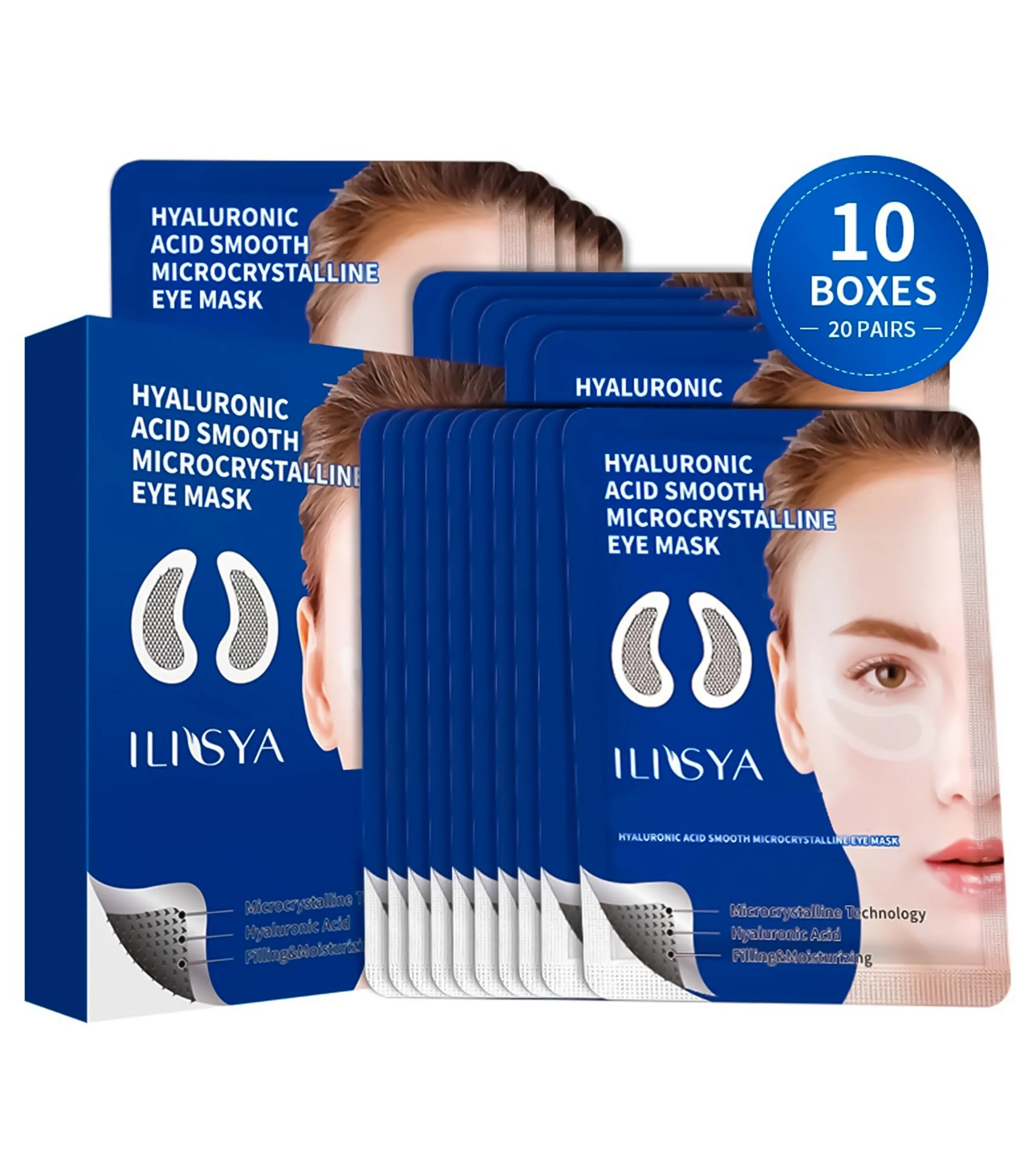 10 Boxes(20 Pairs) Ilisya Micro-needle Eye Patch for Wrinkles Fine Lines Hyaluronic Acid Eye Mask Dark Circle Puffiness Eye Pads