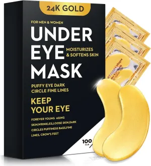 200Pcs/100 Pair Under Eye Patches Gold for Dark Circles, Puffy Eyes, and Wrinkles, 24K Gold Eye Mask for Face, Eye Cream for Men and Women