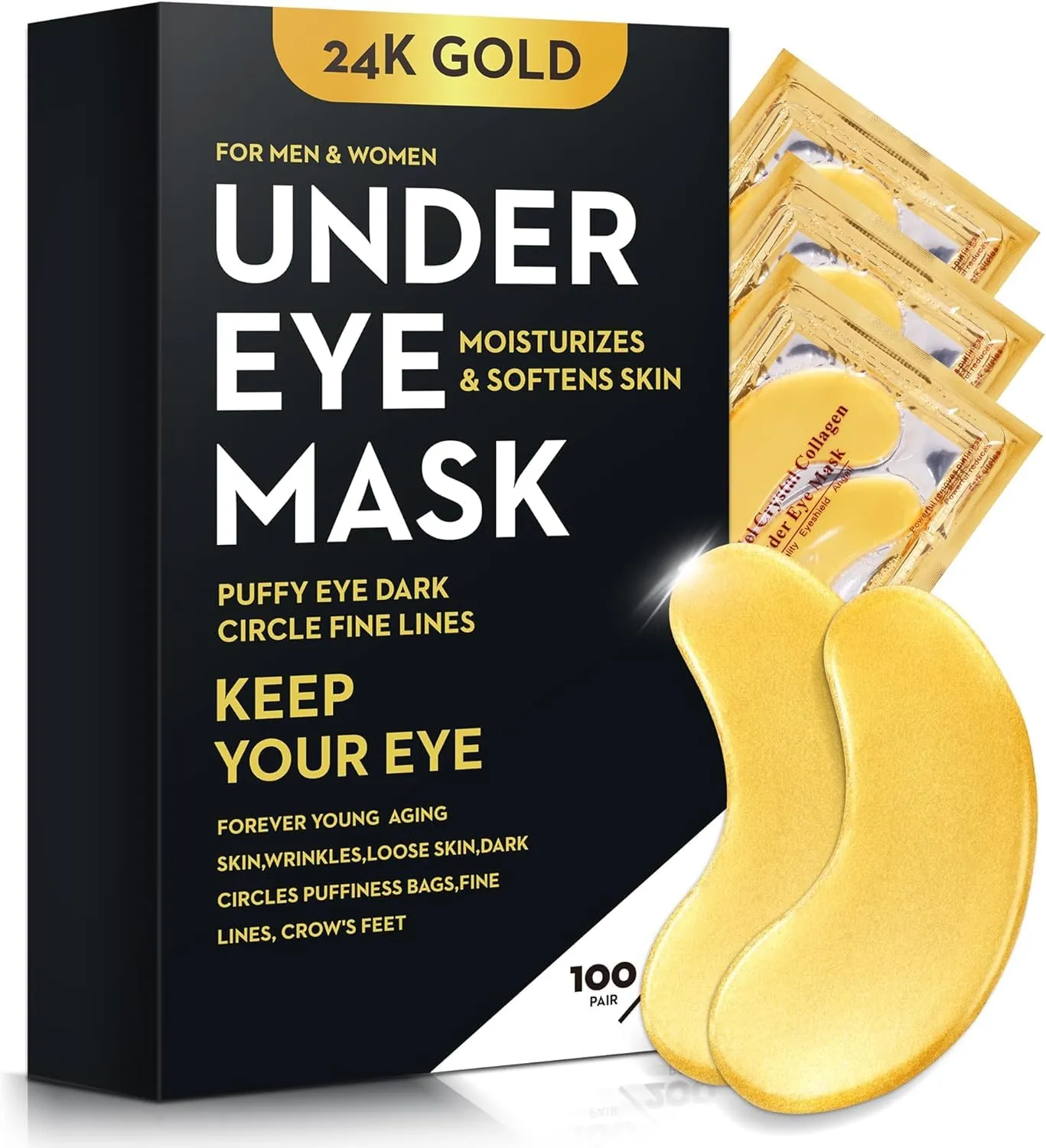 200Pcs/100 Pair Under Eye Patches Gold for Dark Circles, Puffy Eyes, and Wrinkles, 24K Gold Eye Mask for Face, Eye Cream for Men and Women