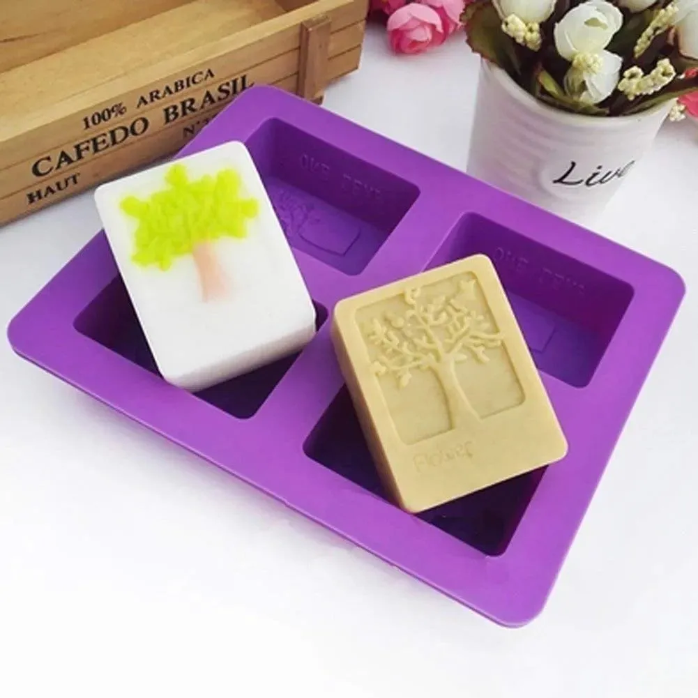 3D 4 Cavities Rectangle Life Tree Silicone Soap Mold DIY Craft Art Cake Mold Handmade Silicone Molds for Soap Candle