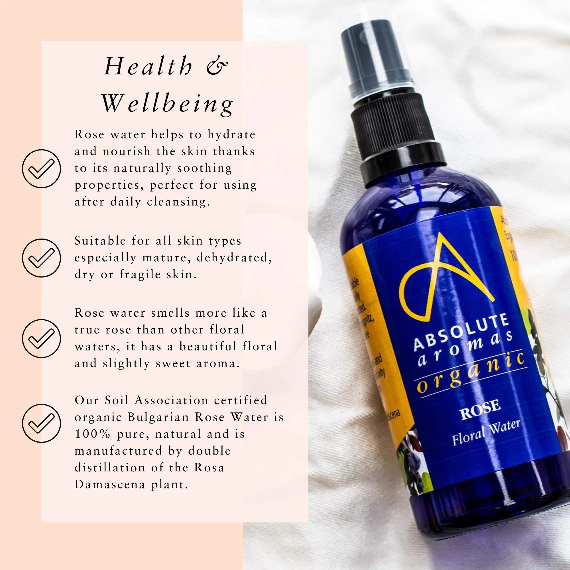 Absolute Aromas Certified Organic Bulgarian Rose Water 100ml - Pure, Natural, Nourishing and Hydrating Facial Toner Spray - Suitable for All Skin Types - Glass Bottle with Spray Top 100 ml (Pack of 1)