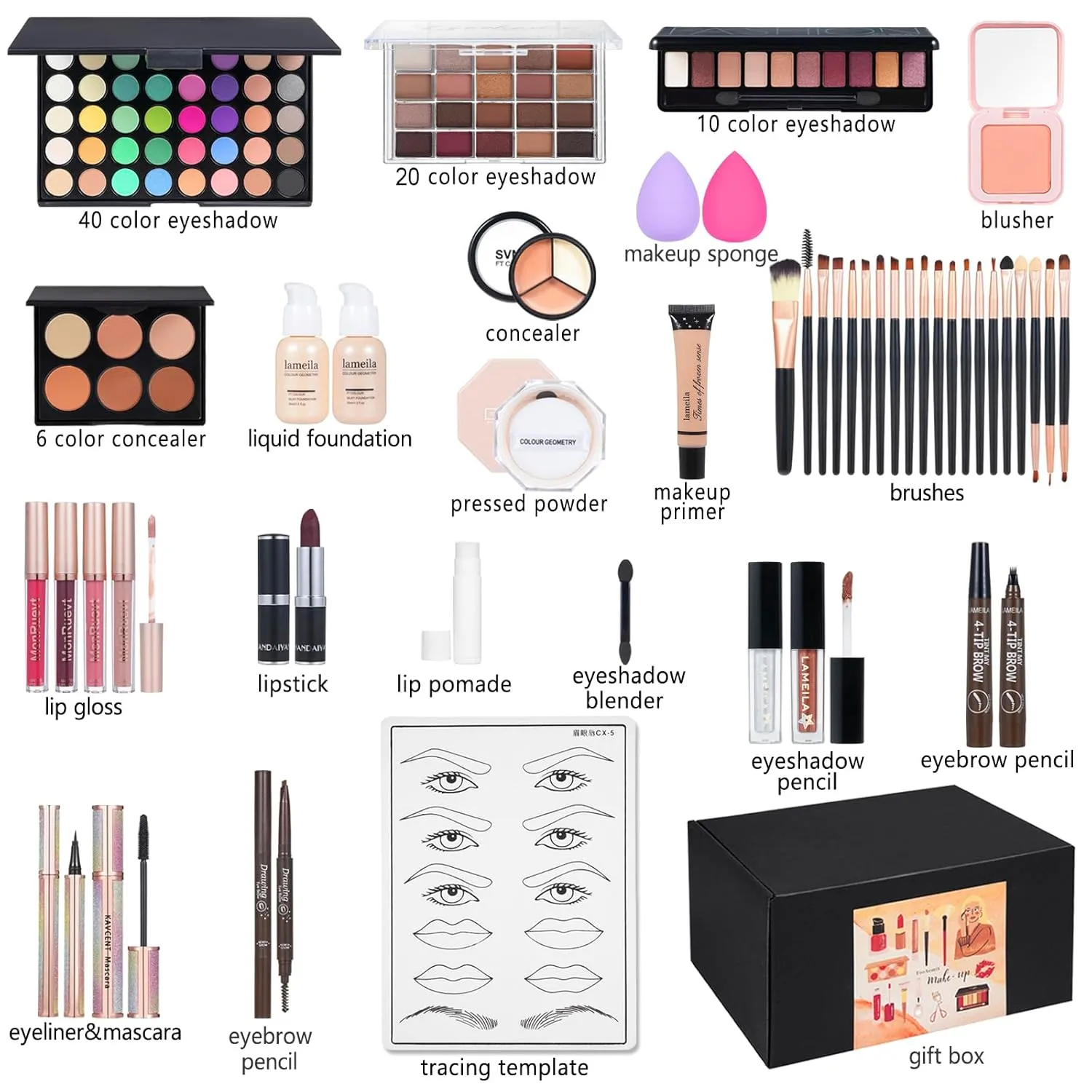 All in One Makeup Kit Makeup Kit for Women Full Kit Multipurpose Makeup eyeshadow liquid foundation,Loose powder,Eyebrow pencil,4-color lip gloss set