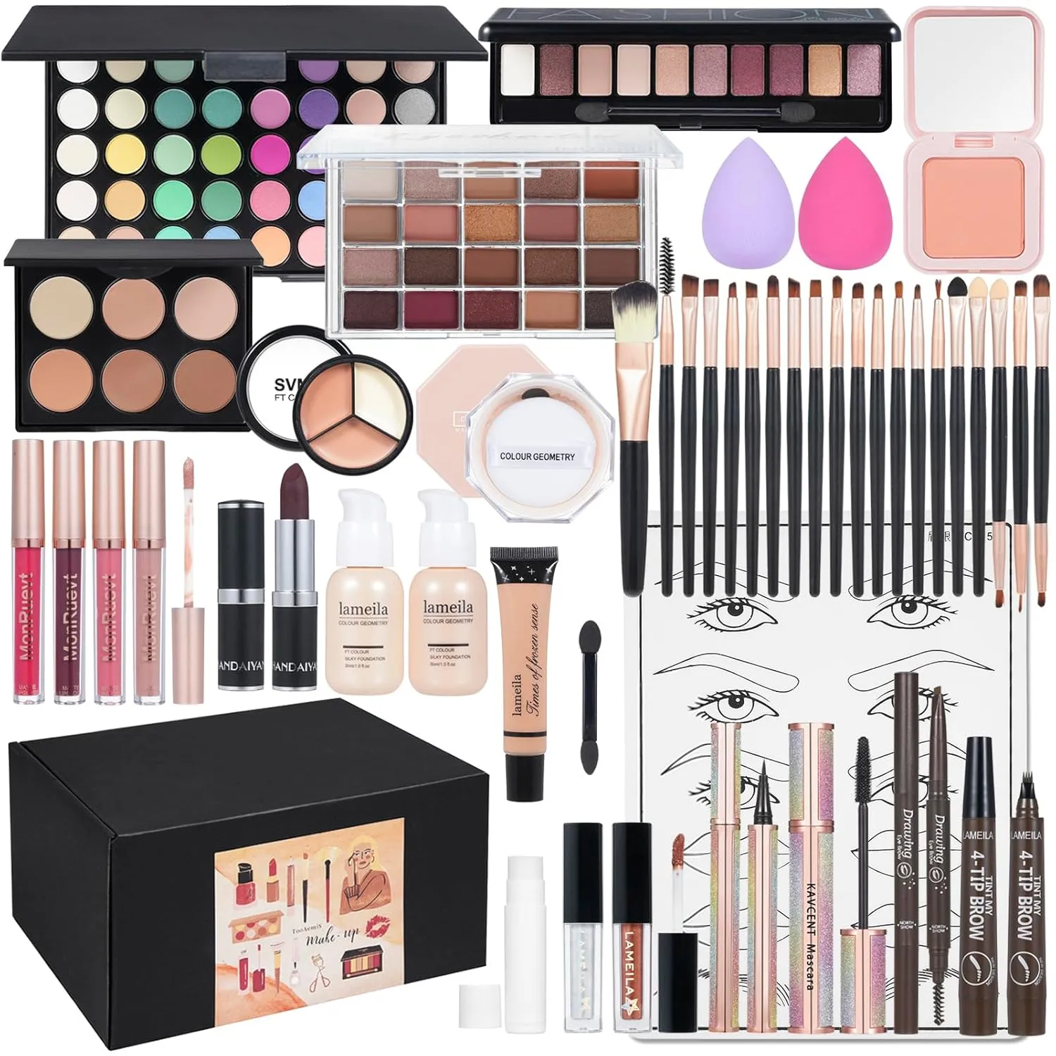 All in One Makeup Kit Makeup Kit for Women Full Kit Multipurpose Makeup eyeshadow liquid foundation,Loose powder,Eyebrow pencil,4-color lip gloss set