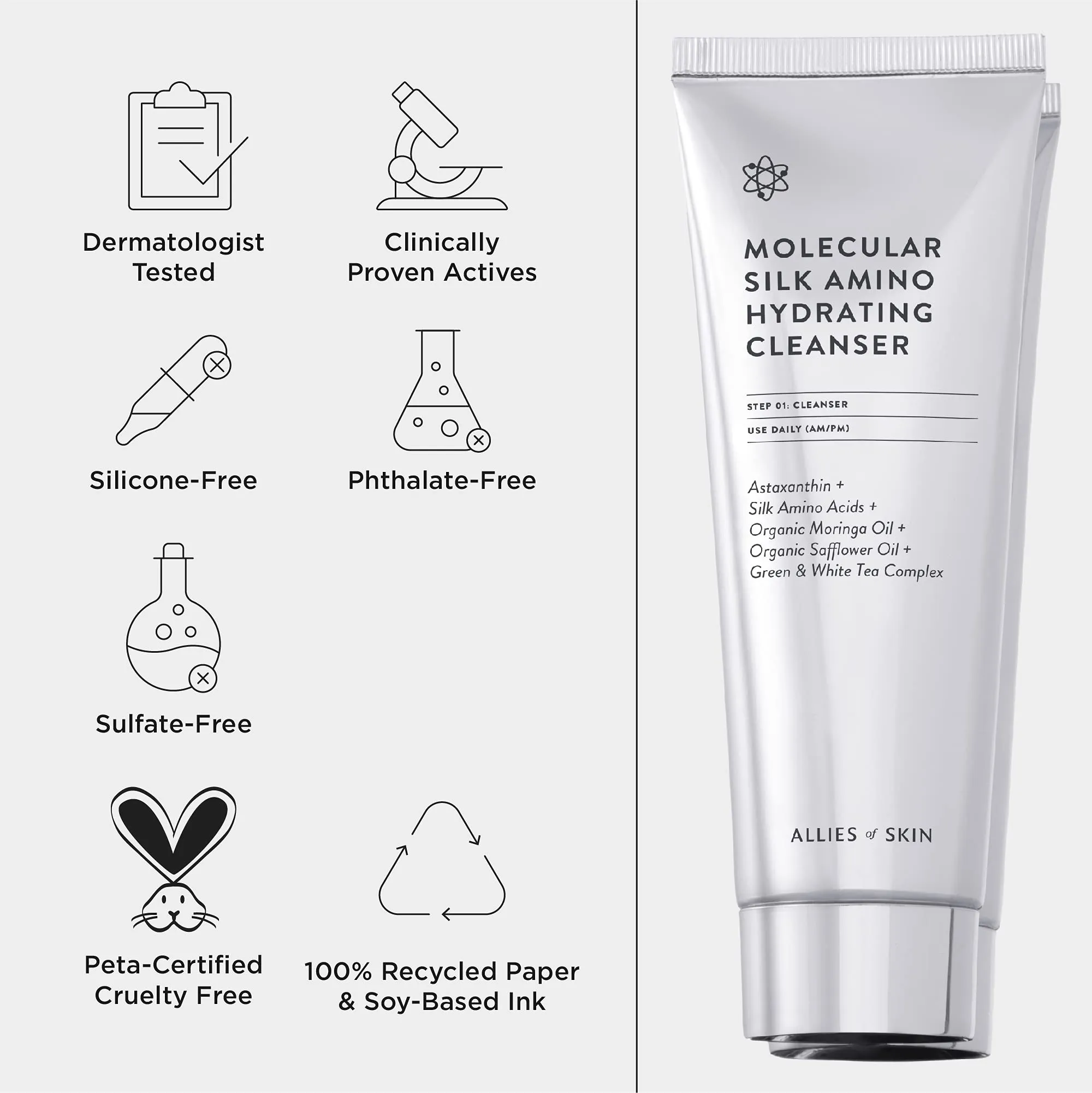 Allies of Skin Molecular Silk Amino Hydrating Cleanser: Hyaluronic Acid, Ceramides, Safflower & Moringa Oils. Nourishes, Conditions & Repairs 3.4 oz
