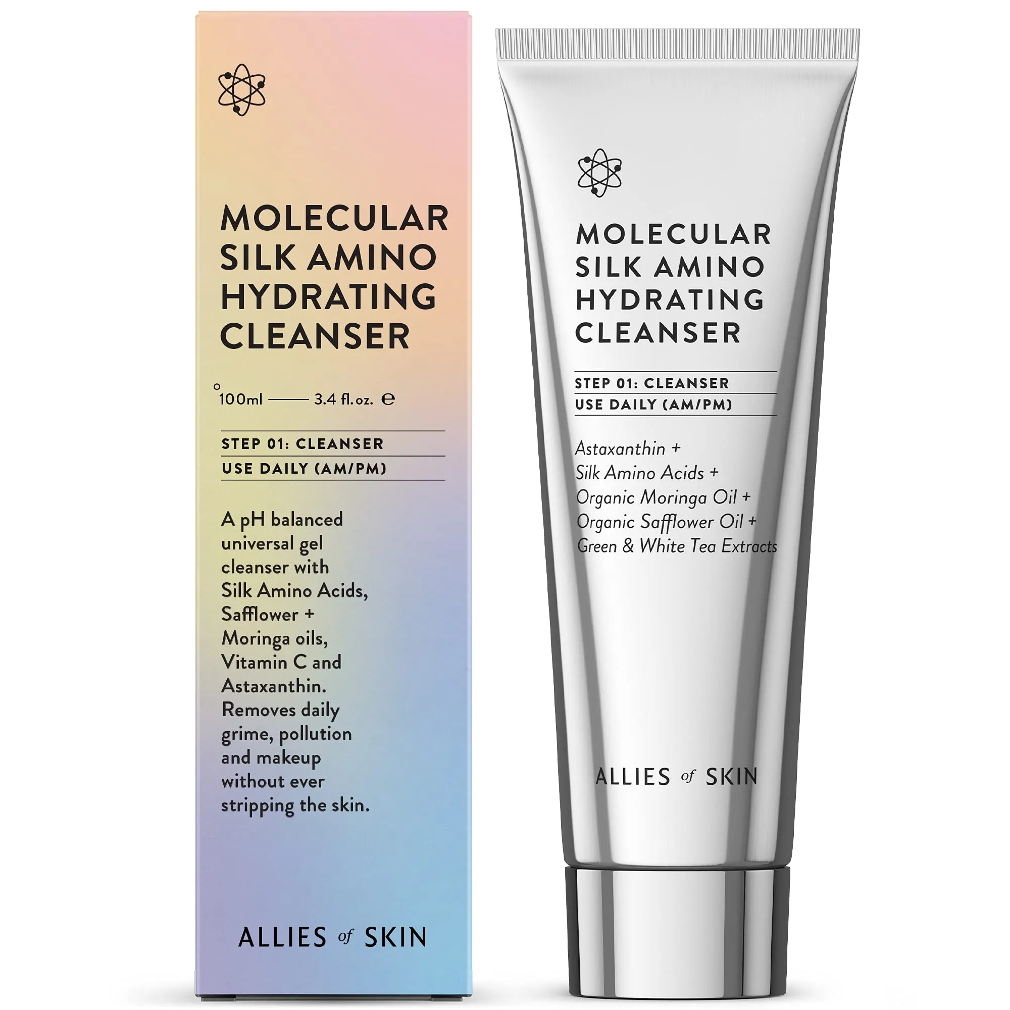 Allies of Skin Molecular Silk Amino Hydrating Cleanser: Hyaluronic Acid, Ceramides, Safflower & Moringa Oils. Nourishes, Conditions & Repairs 3.4 oz