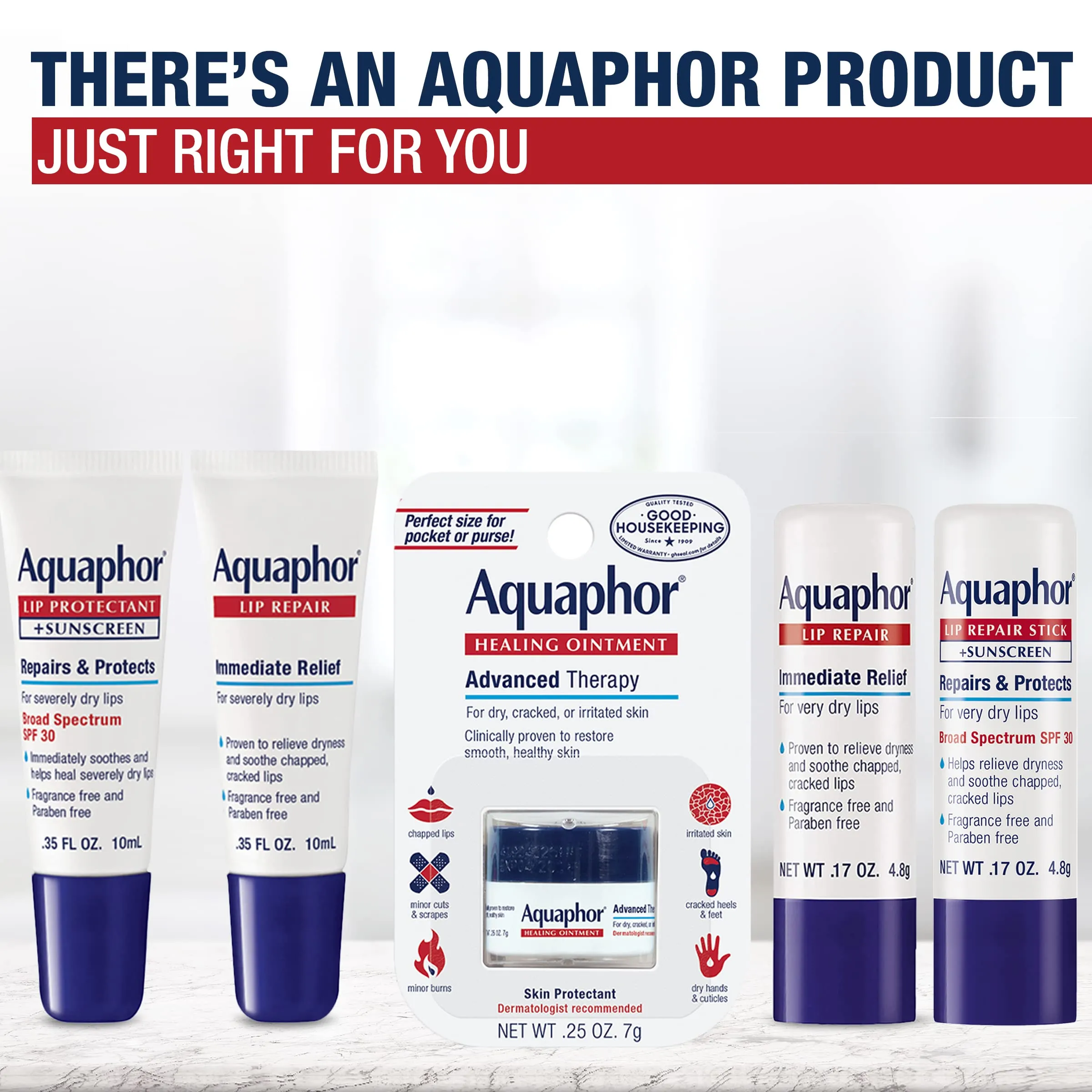 Aquaphor Lip Repair Ointment - Long-lasting Moisture to Soothe Dry Chapped Lips - .35 fl. oz. Tube