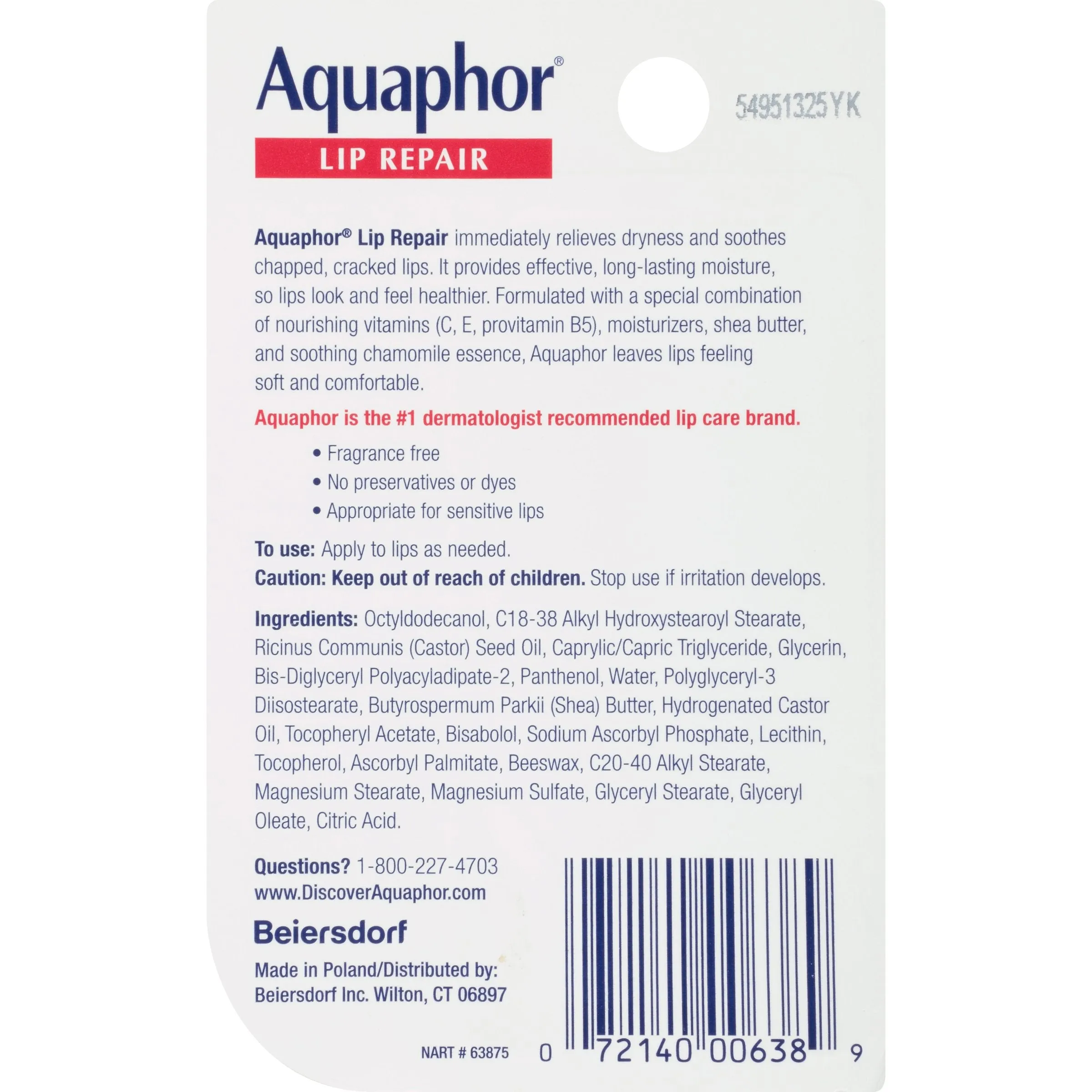 Aquaphor Lip Repair Ointment - Long-lasting Moisture to Soothe Dry Chapped Lips - .35 fl. oz. Tube