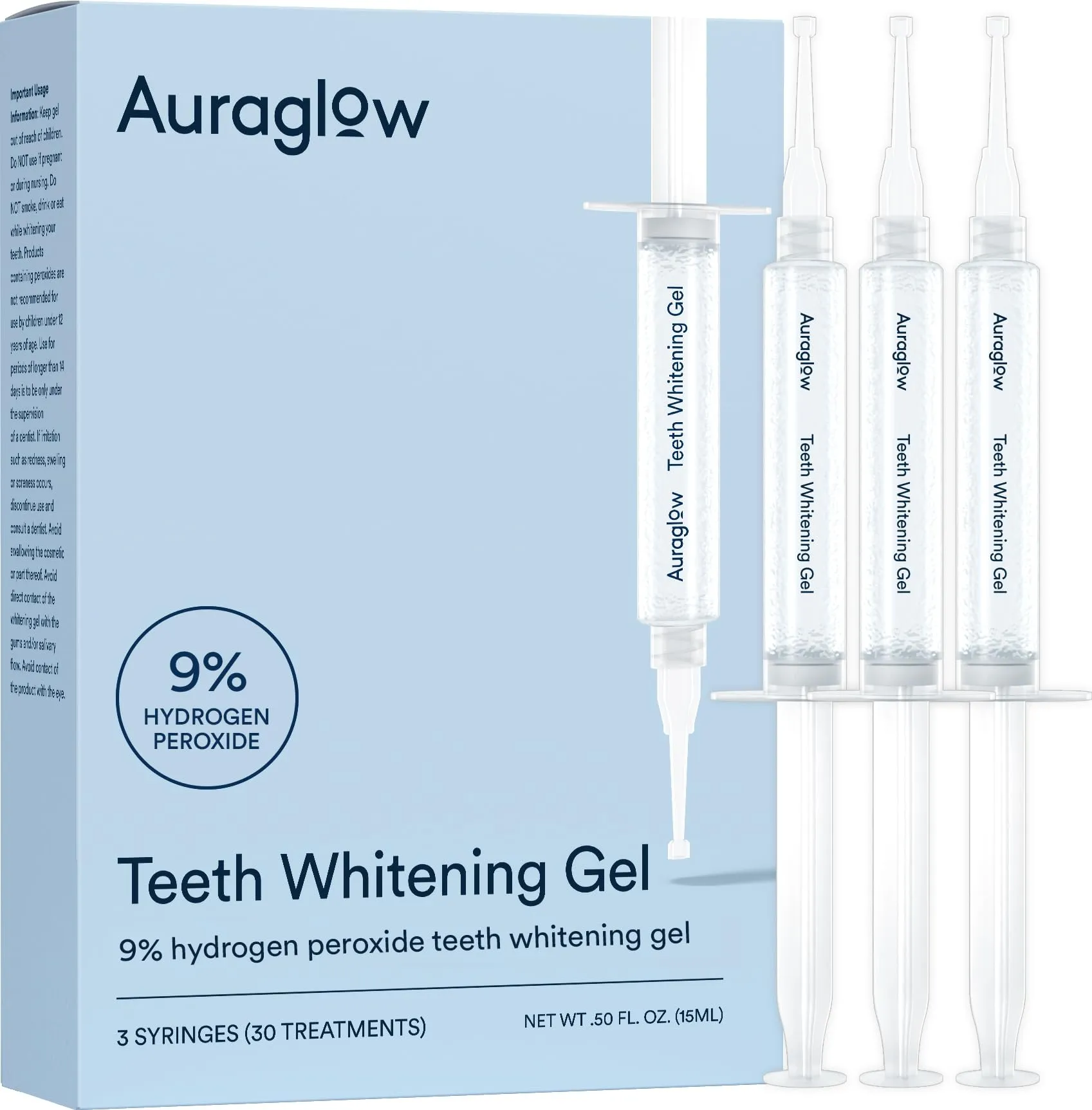 Auraglow 9% Teeth Whitening Gel Syringe Refill Pack, 9% Hydrogen Peroxide, 30 Whitening Treatments, (3) 5mL Whitening Gel Syringes, Sensitive Teeth Whitening 9% Hydrogen Peroxide - Mint