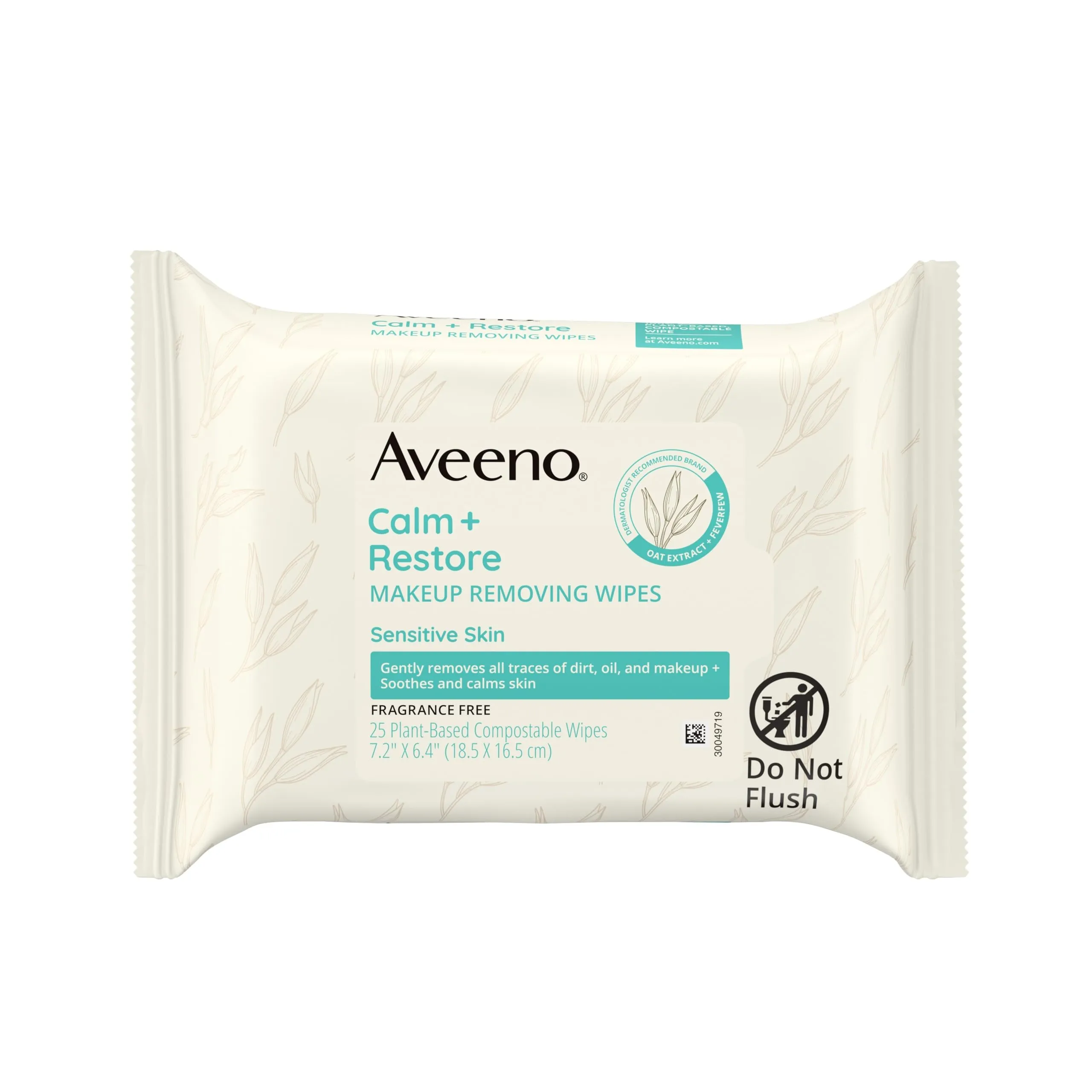 Aveeno Calm   Restore Nourishing Makeup Remover Face Wipes, Fragrance Free Facial Cleansing Towelettes with Oat Extract & Calming Feverfew, Alcohol Free, 100% Plant-Based Cloth, 25 ct