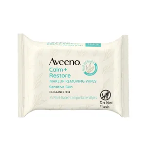 Aveeno Calm   Restore Nourishing Makeup Remover Face Wipes, Fragrance Free Facial Cleansing Towelettes with Oat Extract & Calming Feverfew, Alcohol Free, 100% Plant-Based Cloth, 25 ct