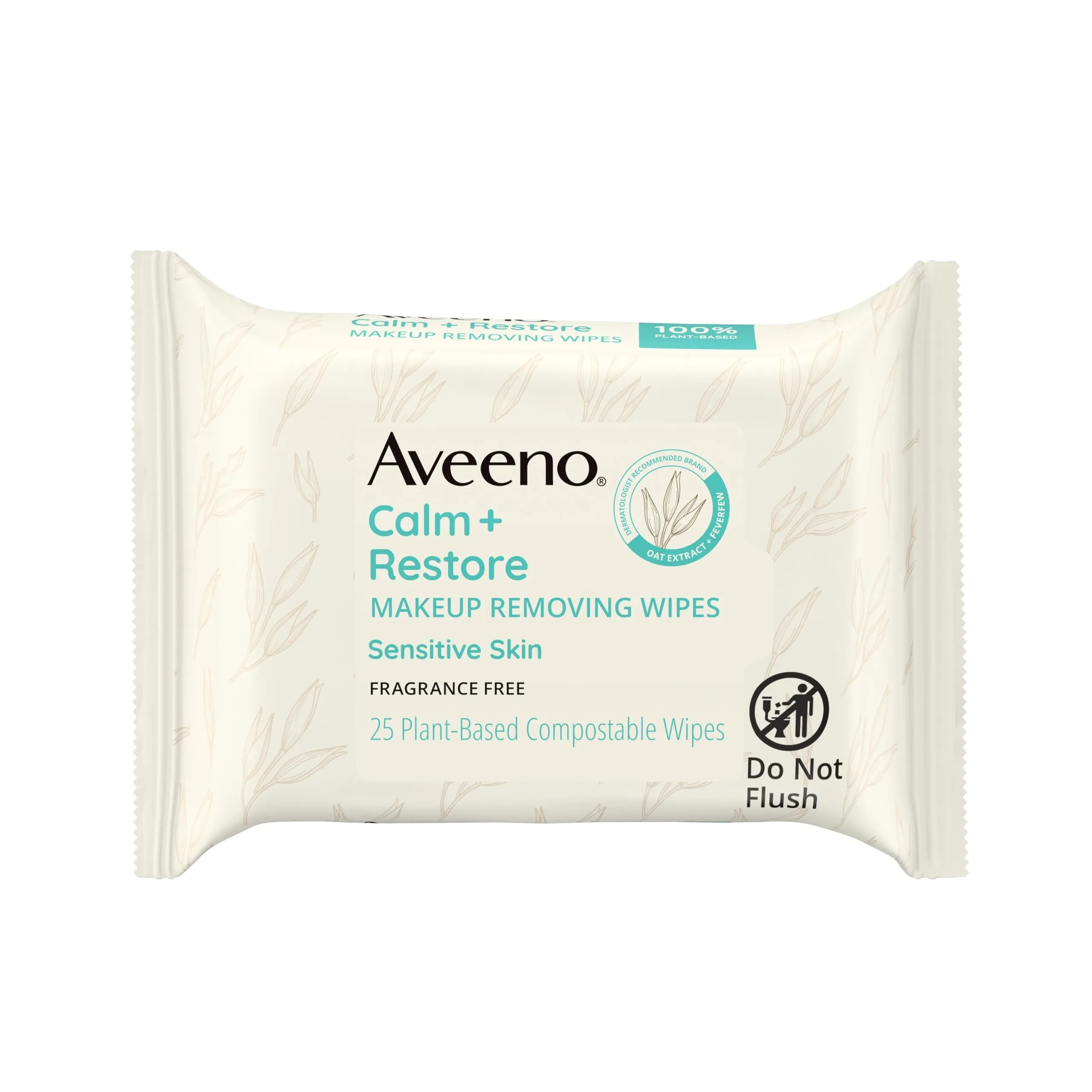 Aveeno Calm   Restore Nourishing Makeup Remover Face Wipes, Fragrance Free Facial Cleansing Towelettes with Oat Extract & Calming Feverfew, Alcohol Free, 100% Plant-Based Cloth, 25 ct