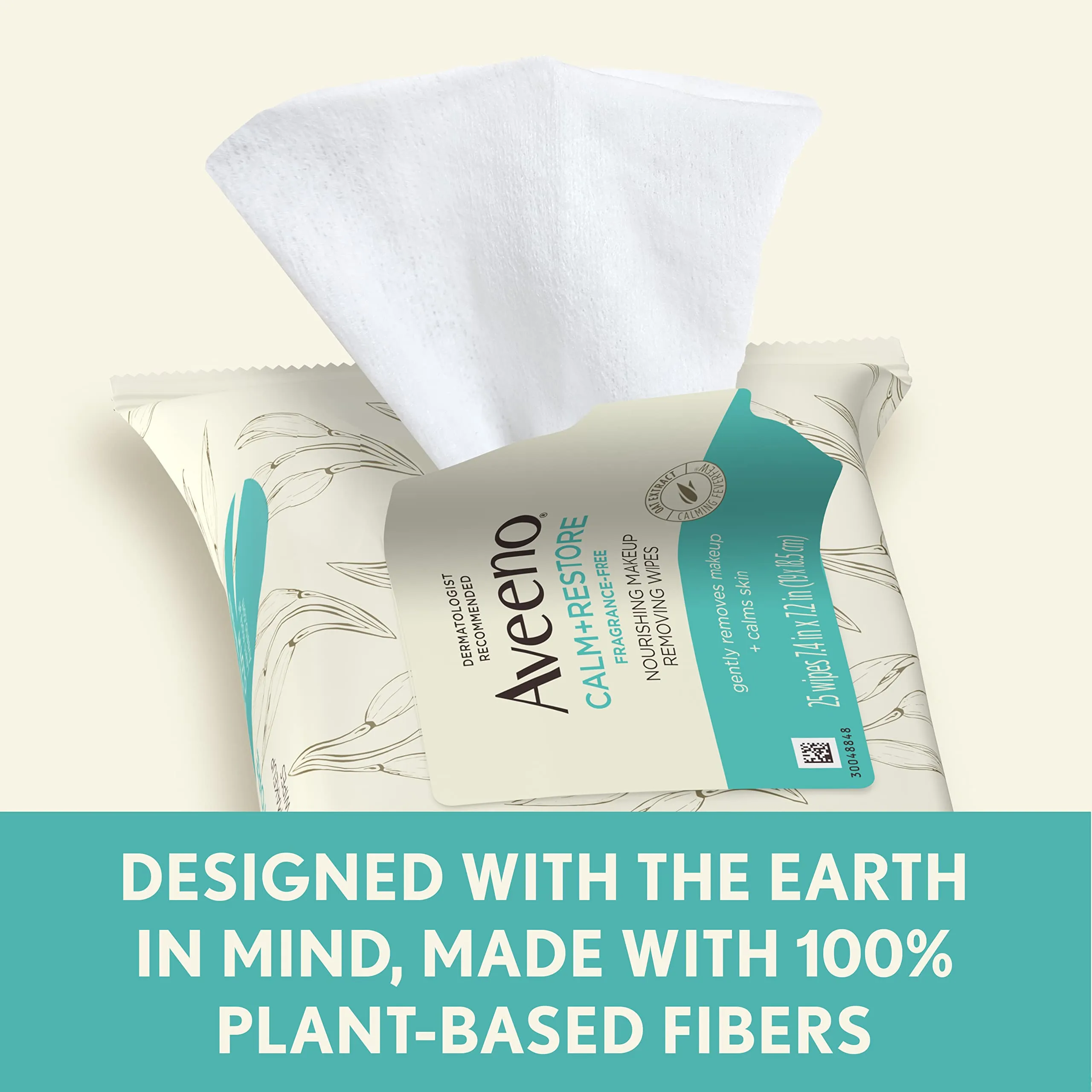 Aveeno Calm   Restore Nourishing Makeup Remover Face Wipes, Fragrance Free Facial Cleansing Towelettes with Oat Extract & Calming Feverfew, Alcohol Free, 100% Plant-Based Cloth, 25 ct