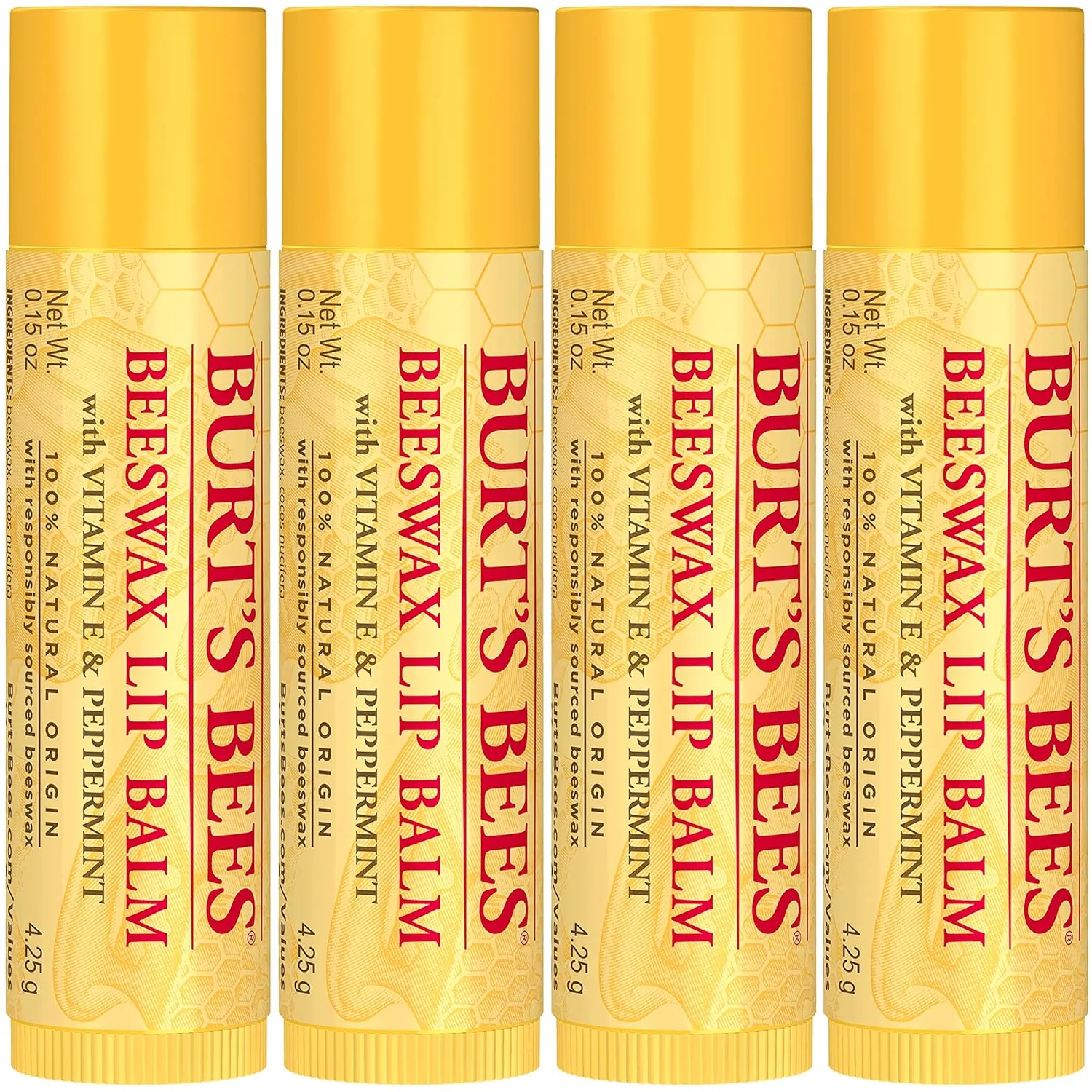Burt's Bees Lip Balm Stocking Stuffers, Moisturizing Lip Care Christmas Gifts, Original Beeswax with Vitamin E & Peppermint Oil, 100% Natural, 4 Count (Pack of 1)