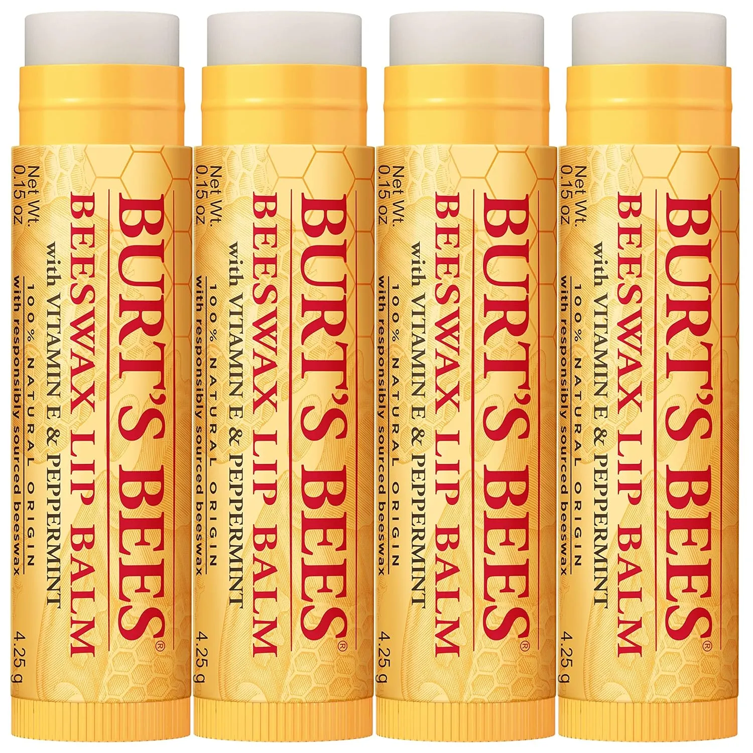 Burt's Bees Lip Balm Stocking Stuffers, Moisturizing Lip Care Christmas Gifts, Original Beeswax with Vitamin E & Peppermint Oil, 100% Natural, 4 Count (Pack of 1)