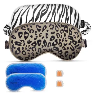 Cavoilu Sleep mask w/Cooling Gel Eye Mask, 2Packs Heated Eye Mask for Sleeping, Reusable Ice Silk Blackout Eye Cover Sleeping Mask for Travel, Home, Office, Yoga, Stocking Stuffers (Zebra Leopard)
