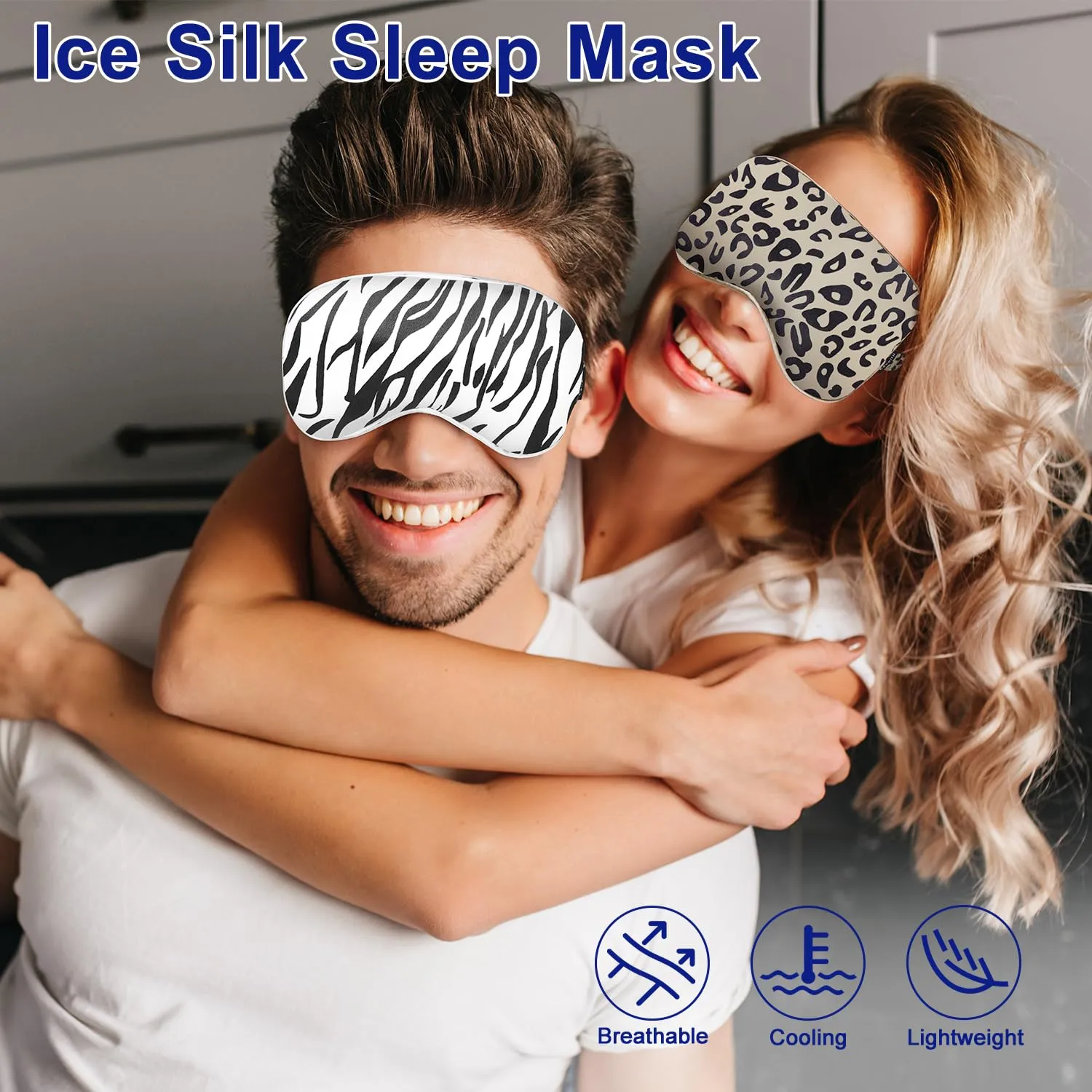 Cavoilu Sleep mask w/Cooling Gel Eye Mask, 2Packs Heated Eye Mask for Sleeping, Reusable Ice Silk Blackout Eye Cover Sleeping Mask for Travel, Home, Office, Yoga, Stocking Stuffers (Zebra Leopard)