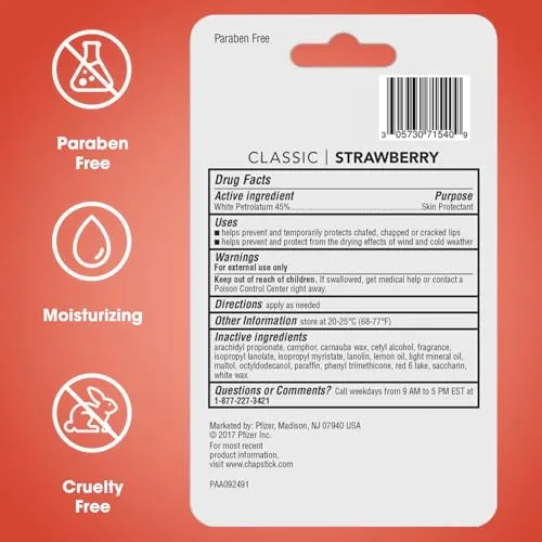 ChapStick Classic Strawberry Lip Balm Tubes, Lip Care and Lip Moisturizer - 0.15 Oz (Pack of 12)