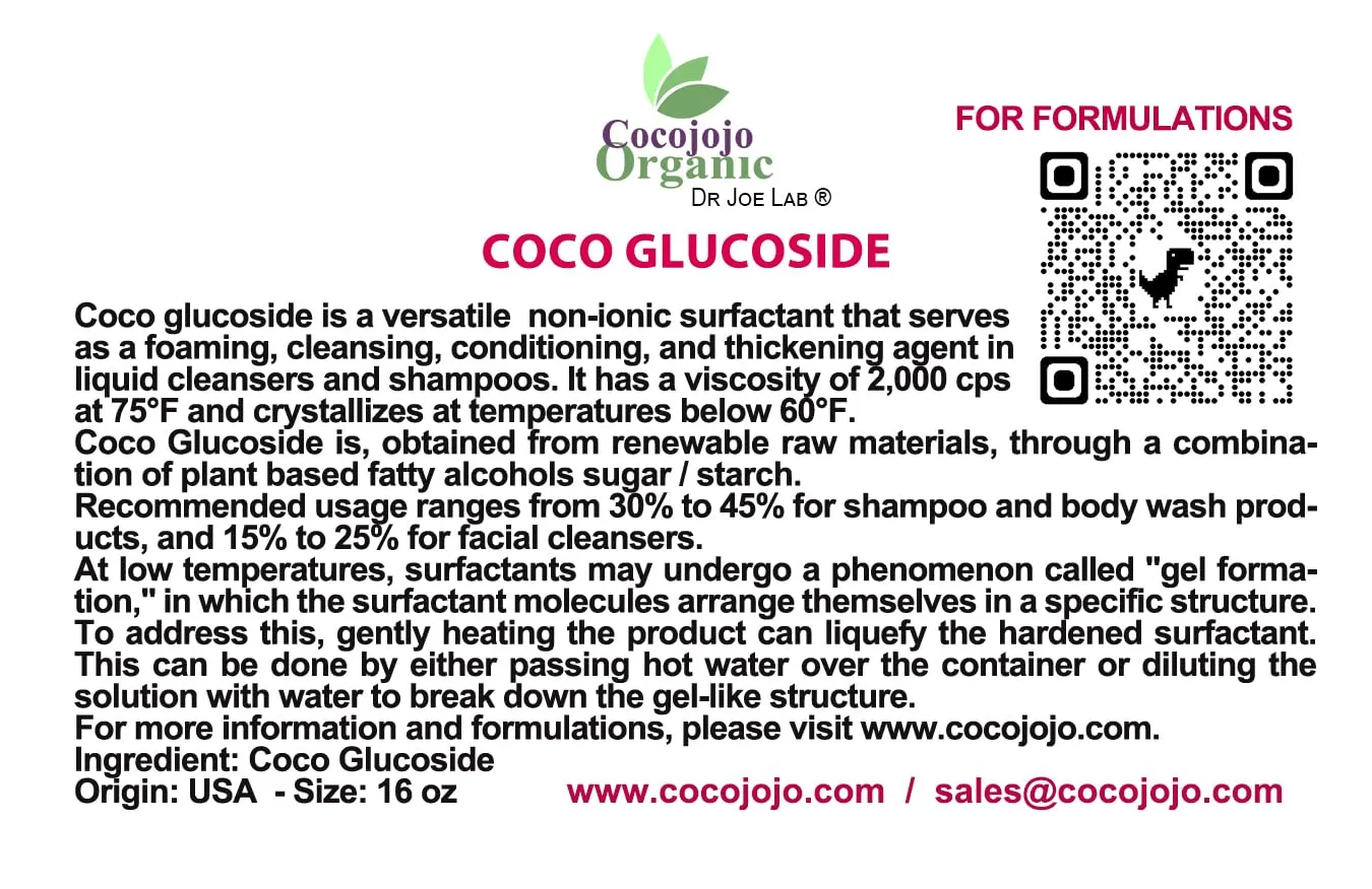 cocojojo - Coco Glucoside Surfactant 16 oz - Natural Foaming Cleanser - Plant Derived - Biodegradable - For Formulations and DIY Skin Care - For Shower Gels, Body Soap, Shampoos, Face Cleansers