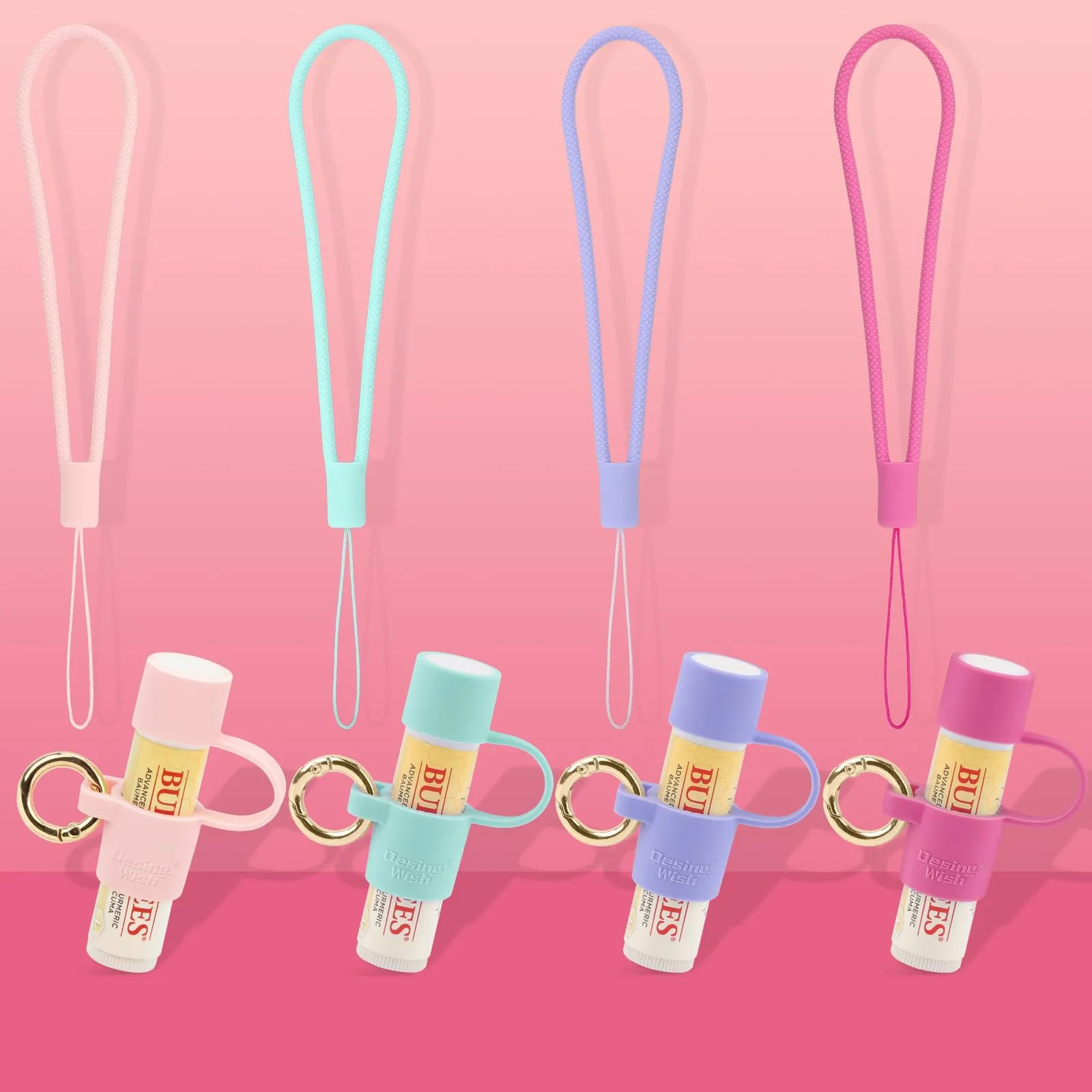 Desing Wish 2 PCS Silicone Lip Balm Holder with Cap Cover Portable Chapstick Holder Keychain Sleeve Lip Balm Key Chain with Key Ring and Wrist Strap Lanyard - Pink/Purple