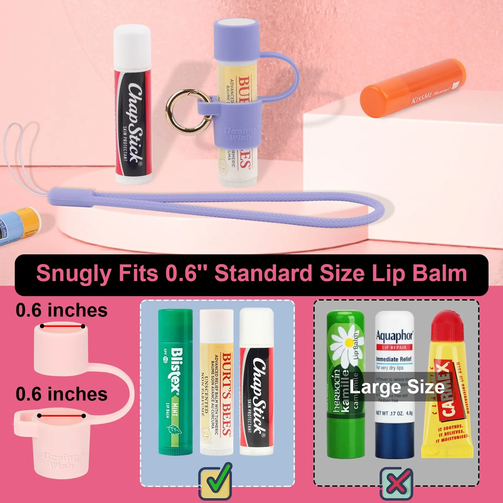 Desing Wish 2 PCS Silicone Lip Balm Holder with Cap Cover Portable Chapstick Holder Keychain Sleeve Lip Balm Key Chain with Key Ring and Wrist Strap Lanyard - Pink/Purple
