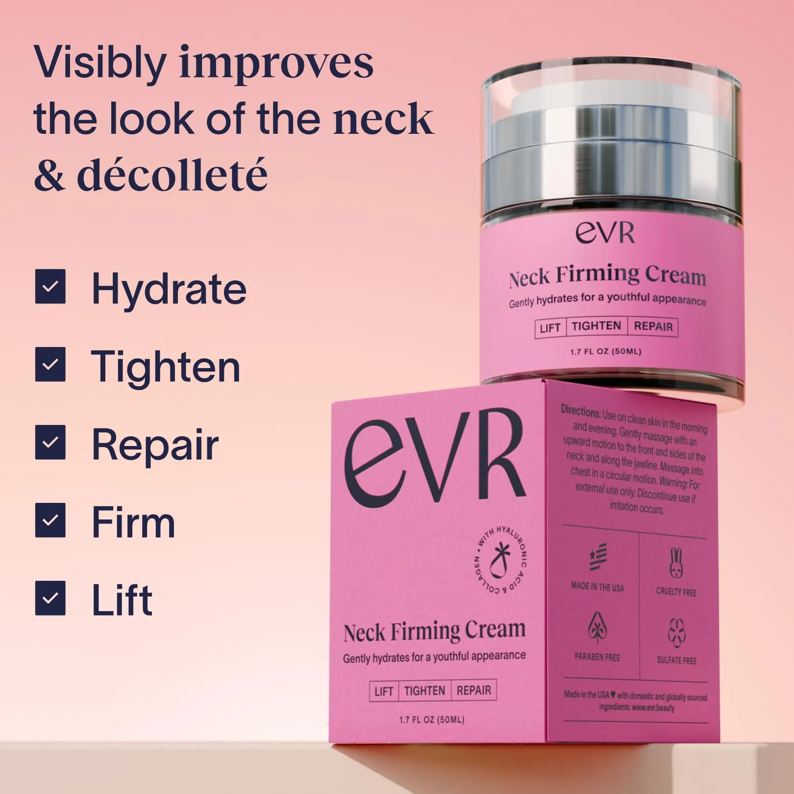 EVR BEAUTY Anti-aging Neck Firming Cream with Collagen & Hyaluronic Acid - Made in USA with Natural & Organic Ingredients Face Neck and Chest Tightening Moisturizer (Classic)