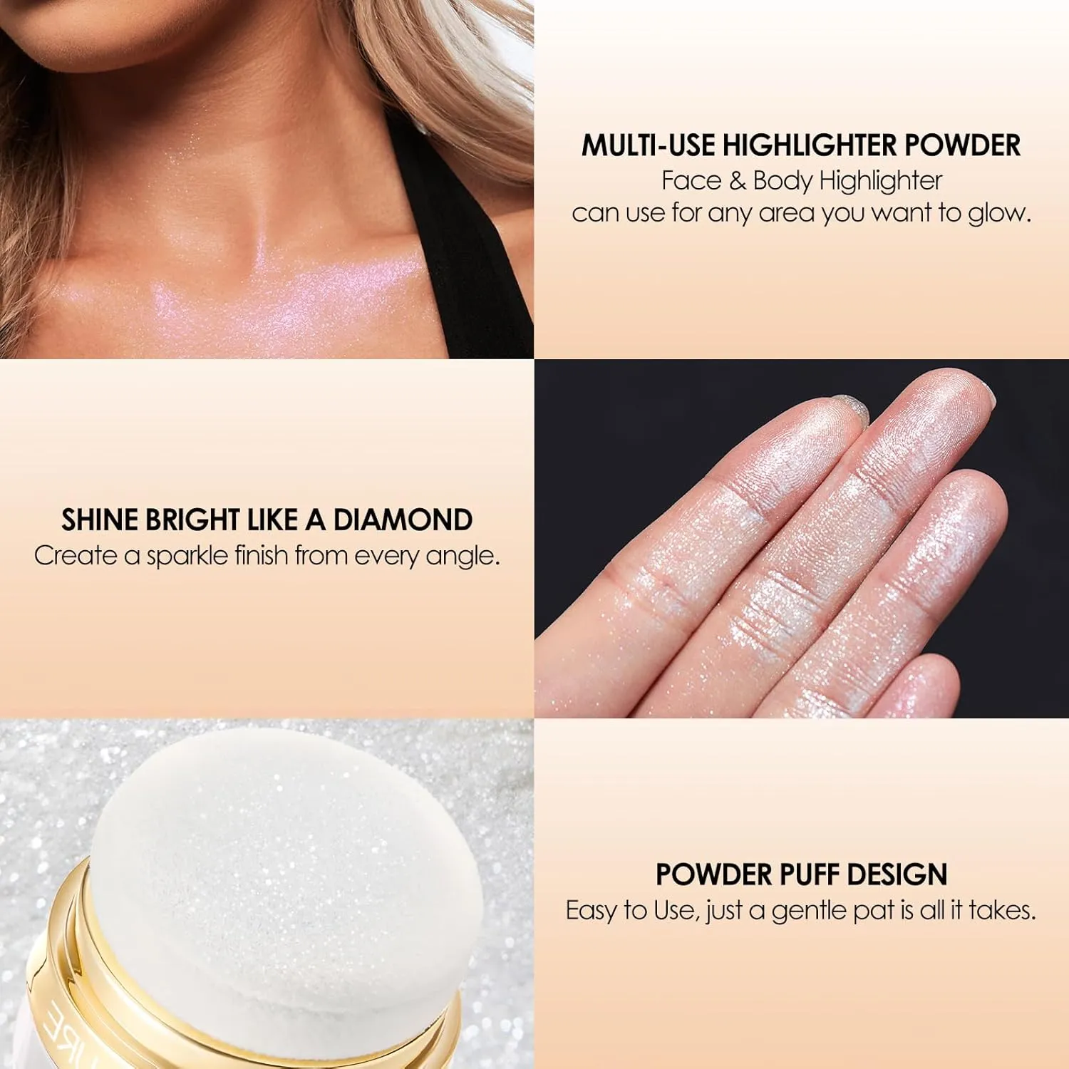 FOCALLURE Shimmer Highlighter Powder, Face & Body Highlighter Illuminator, Brightening Makeup with Powder Puff, Give your a Sparkle Glow Finish,PP06 One Love