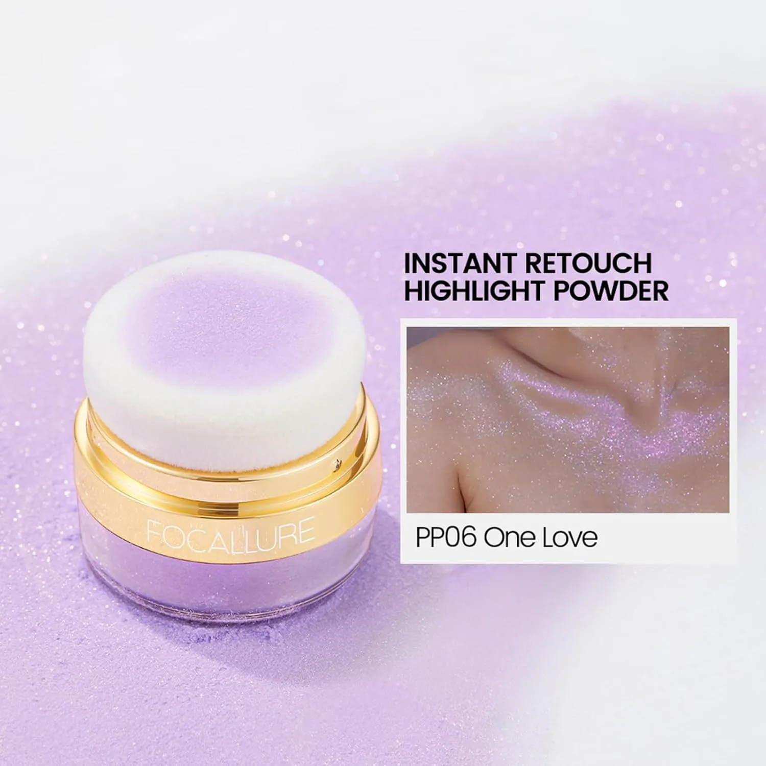 FOCALLURE Shimmer Highlighter Powder, Face & Body Highlighter Illuminator, Brightening Makeup with Powder Puff, Give your a Sparkle Glow Finish,PP06 One Love