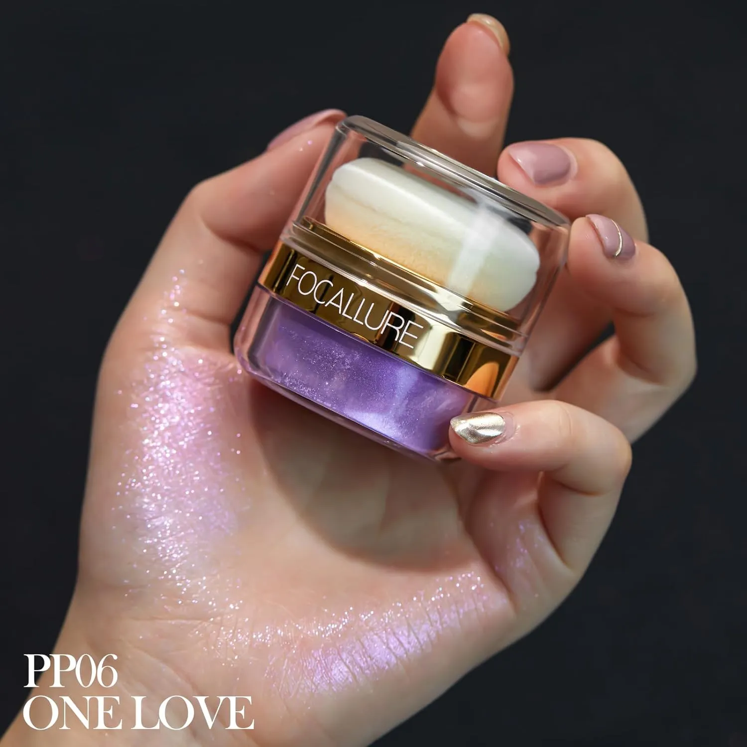 FOCALLURE Shimmer Highlighter Powder, Face & Body Highlighter Illuminator, Brightening Makeup with Powder Puff, Give your a Sparkle Glow Finish,PP06 One Love