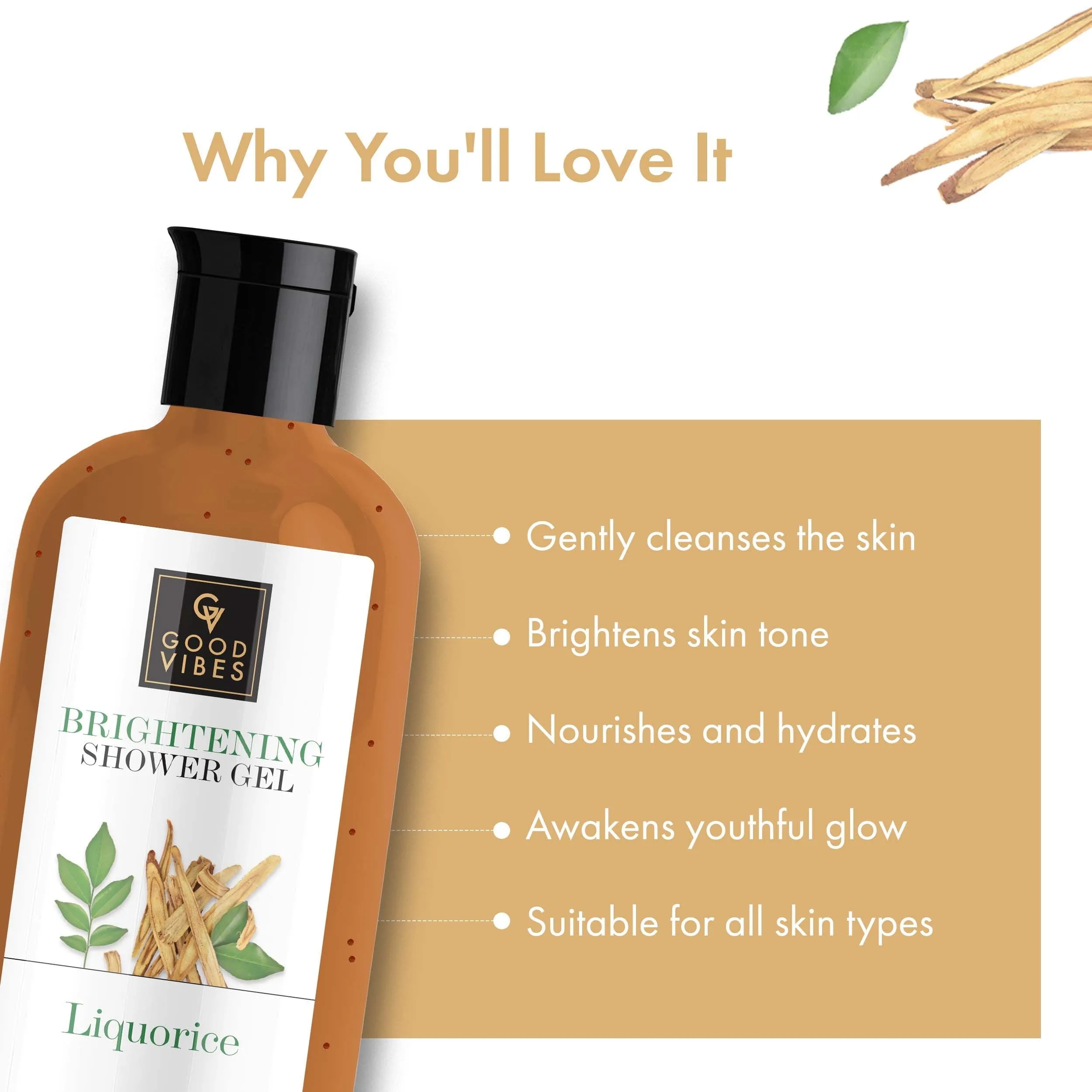 Good Vibes Liquorice Brightening Shower Gel|With Vitamin B3 & Rosemary Leaf Oil | Lightening, Antioxidant | Vegan, No Parabens, No Mineral Oil, Certified Fragrance, No Animal Testing (300 ml)