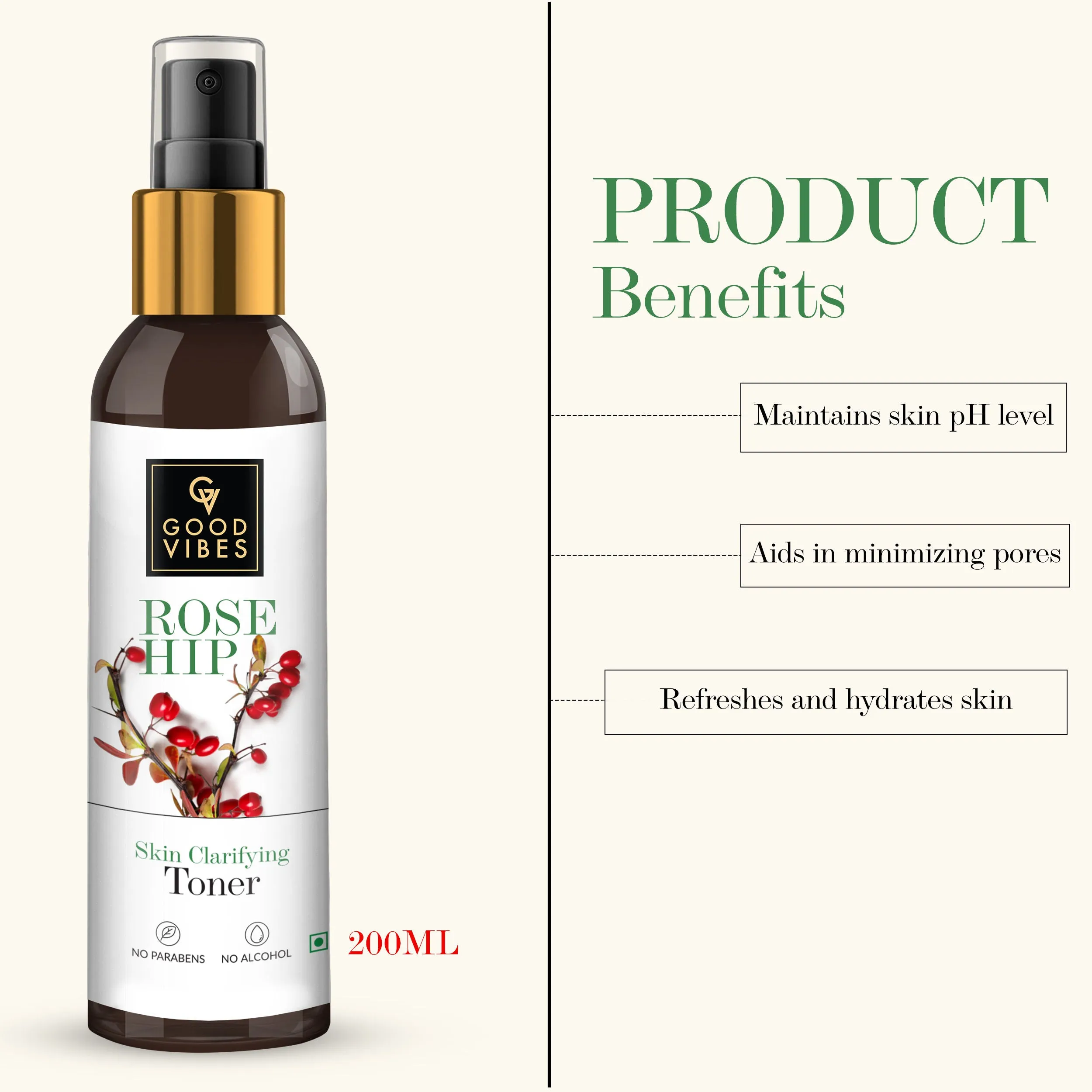 Good Vibes Rosehip Skin Clarifying Toner | Refreshes, Hydrates | With Avocado Oil | No Parabens, No Alcohol, No Sulphates, No Animal Testing (200 ml)