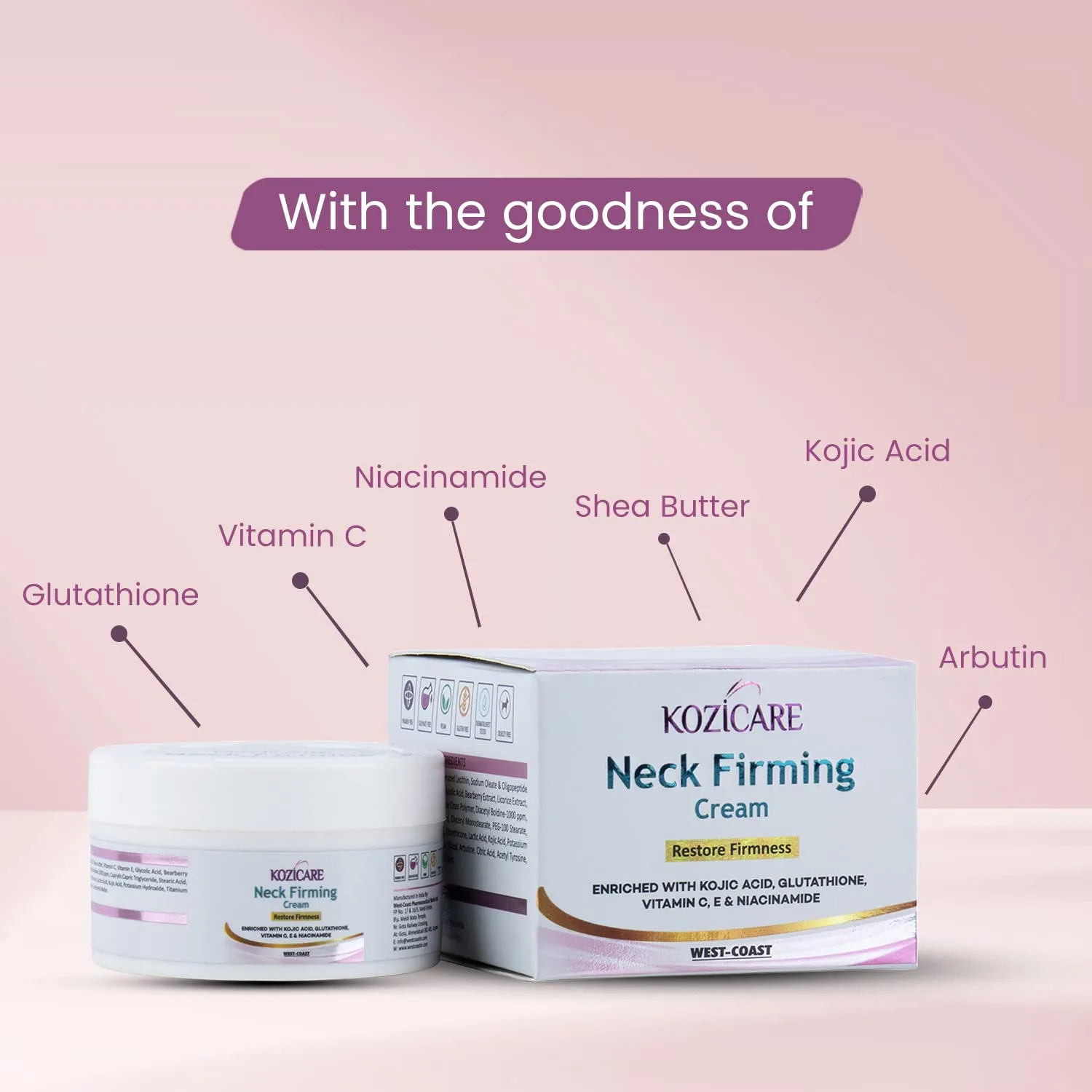 Kozicare Neck Firming Cream with 0.01% Glutathione, 2% Vitamin C, 0.01% Vitamin E, 1% Niacinamide, 1% Kojic Acid | Helps Tightening & Firming the Skin | Reduces Wrinkles and Sagging Skin |Nourishes & Heals the Skin-50gm