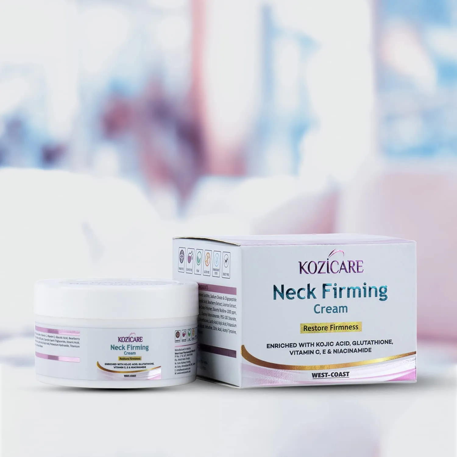Kozicare Neck Firming Cream with 0.01% Glutathione, 2% Vitamin C, 0.01% Vitamin E, 1% Niacinamide, 1% Kojic Acid | Helps Tightening & Firming the Skin | Reduces Wrinkles and Sagging Skin |Nourishes & Heals the Skin-50gm