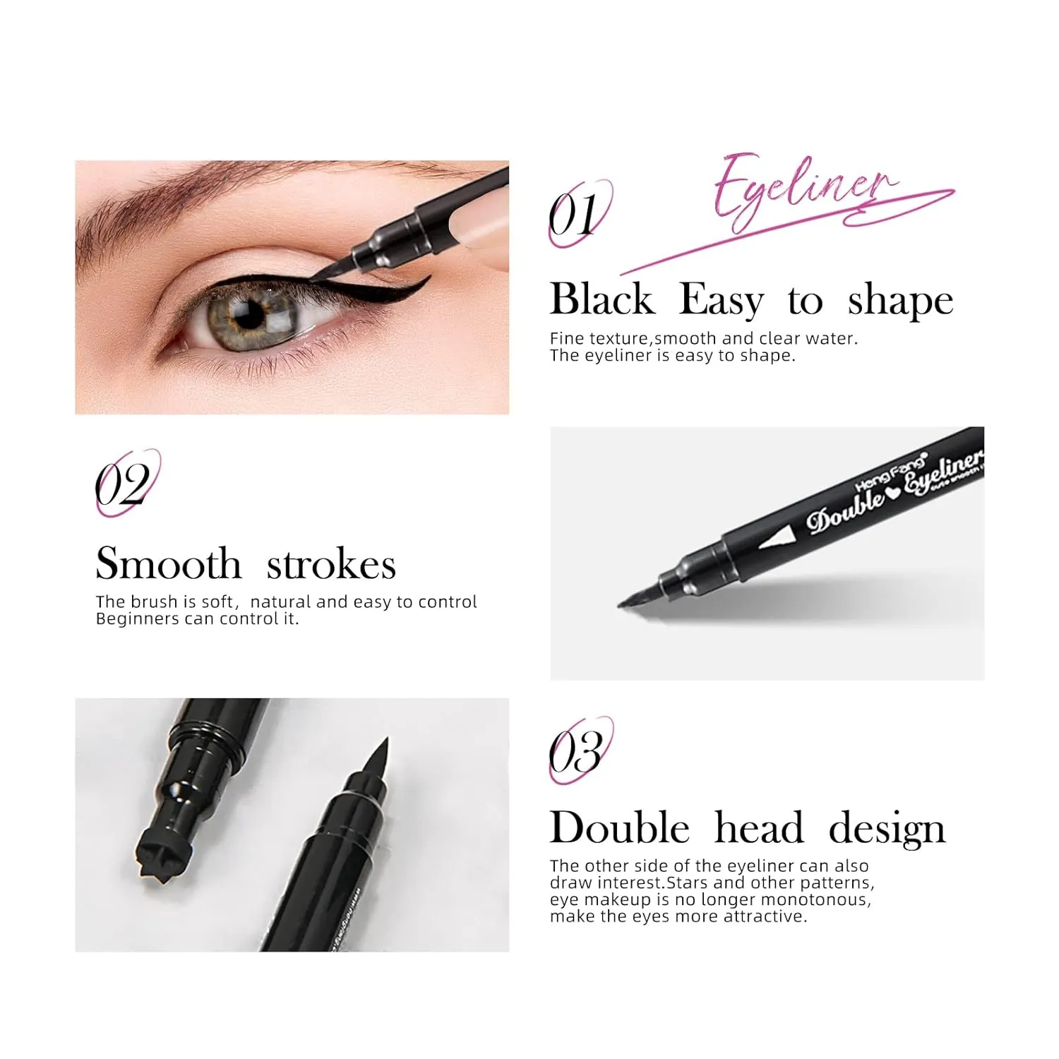 LAMUSELAND Eyeliner Stamp Wingliner, Waterproof Smudgeproof Liquid Eye Liner Gel Pen Set, Long Lasting Heart Black Thin Double Ended Pencil Makeup Tools for Women (B Moon)
