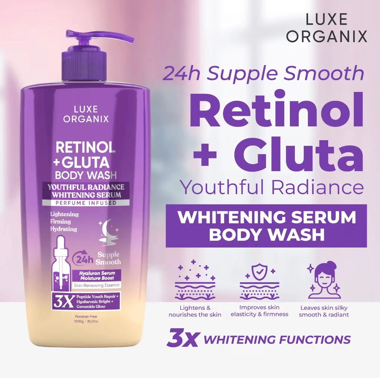 Luxe Organix - Retinol   Gluta Youthful Radiance Whitening Serum Perfume Infused Body Wash 1000g ( PURPLE )