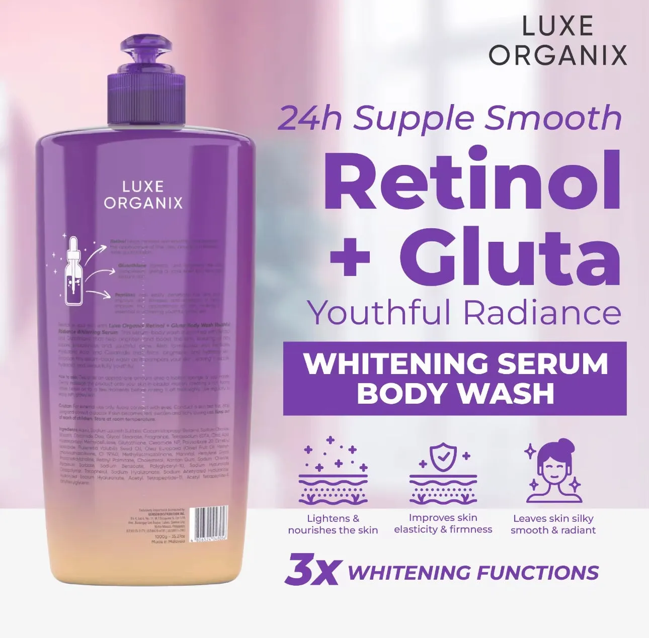 Luxe Organix - Retinol   Gluta Youthful Radiance Whitening Serum Perfume Infused Body Wash 1000g ( PURPLE )