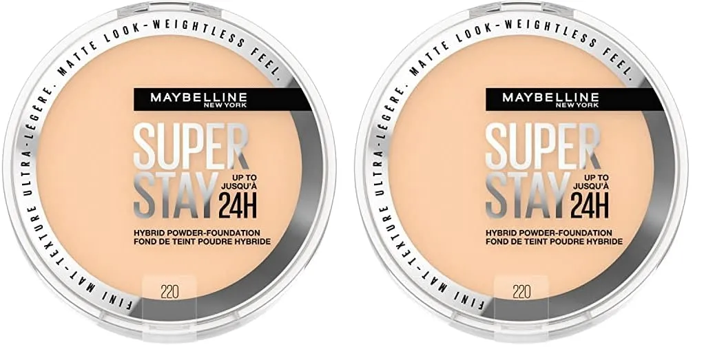 Maybelline Super Stay Up to 24HR Hybrid Powder-Foundation, Medium-to-Full Coverage Makeup, Matte Finish, 220, 1 Count (Pack of 2)