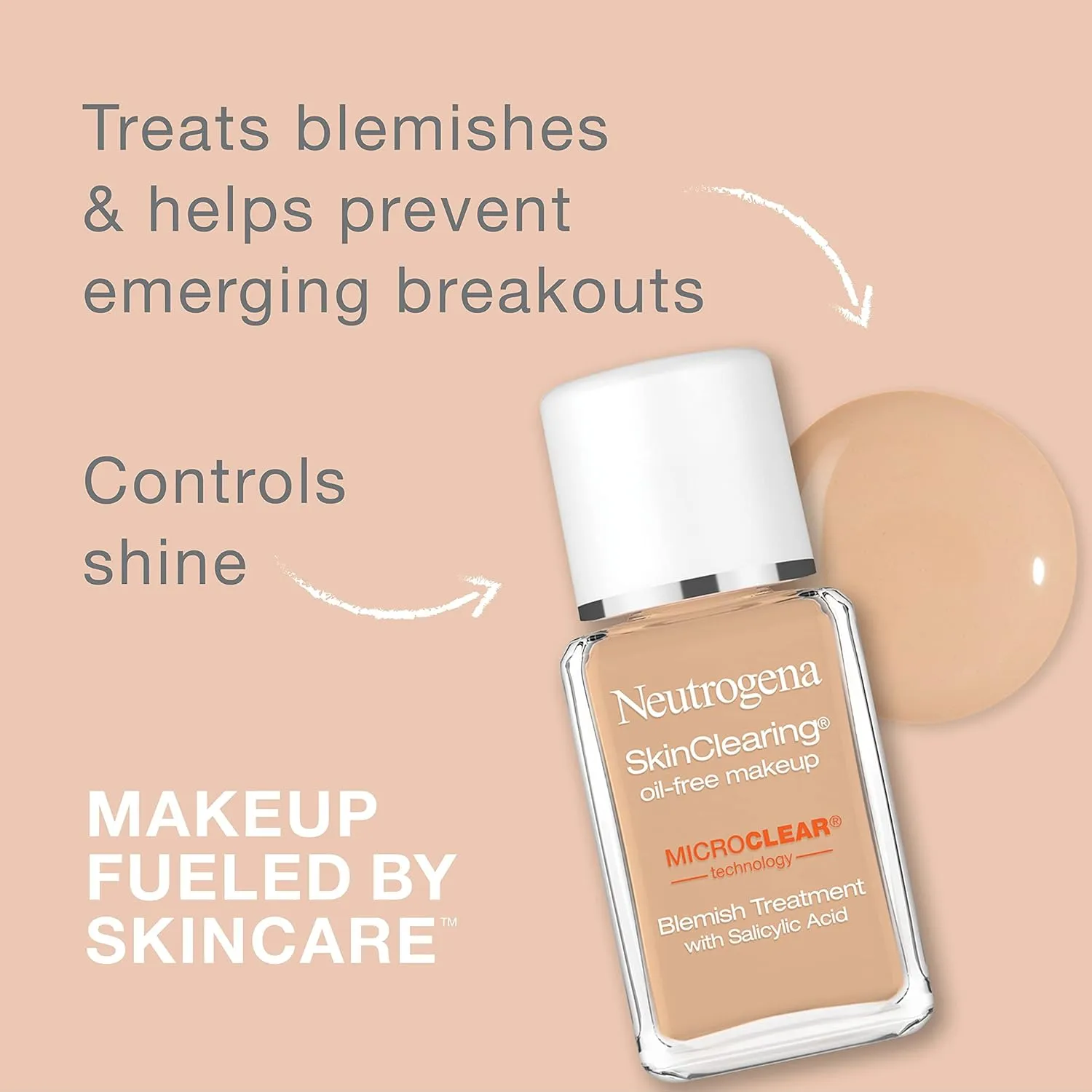 Neutrogena SkinClearing Oil-Free Acne and Blemish Fighting Liquid Foundation with Salicylic Acid Acne Medicine, Shine Controlling, for Acne Prone Skin, 80 Medium Beige, 1 fl. oz