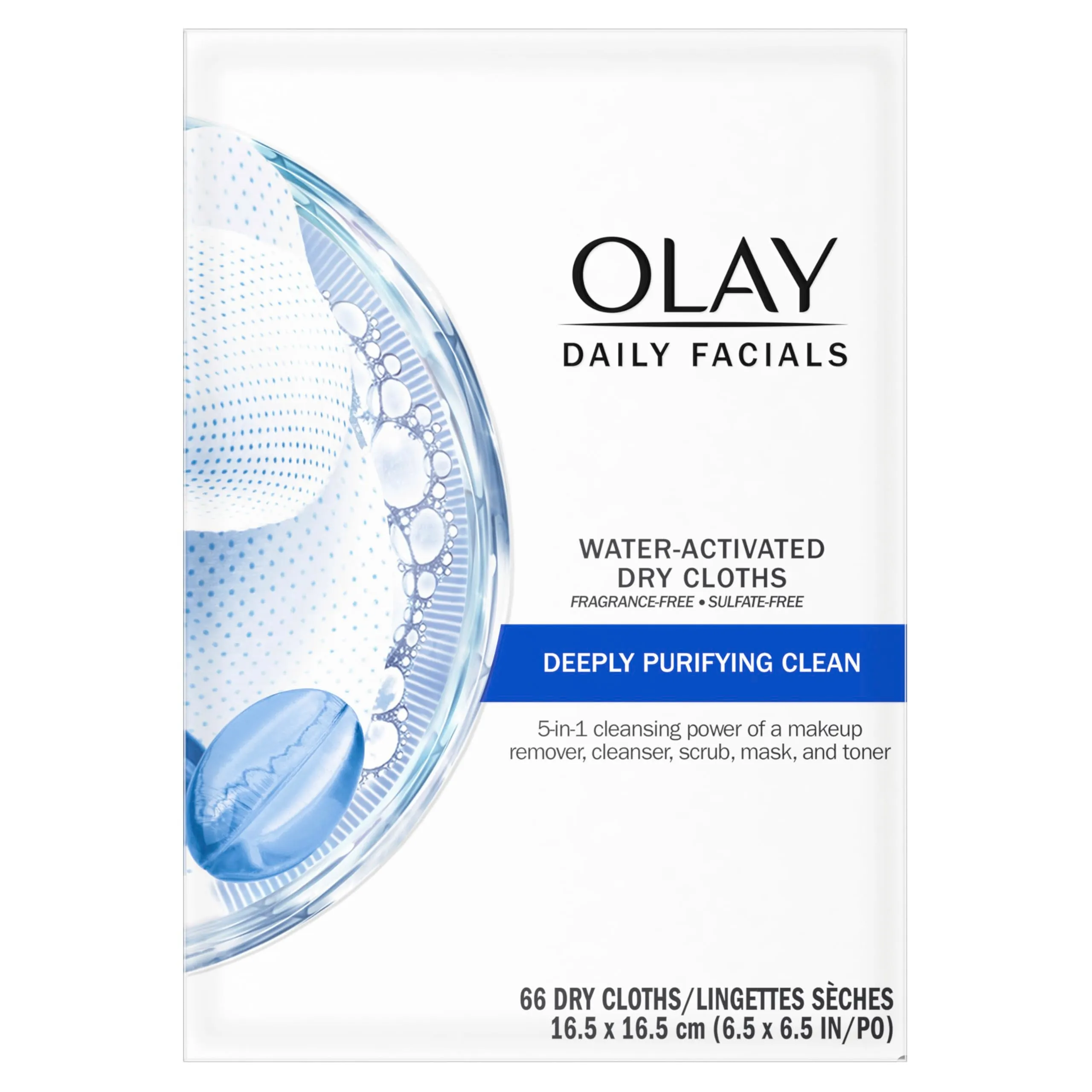 Olay Daily Facials, Deeply Purifying Clean, 5 in 1 Cleansing Wipes with Power of a Makeup Remover, Scrub, Toner, Mask and Cleanser, 66 Count