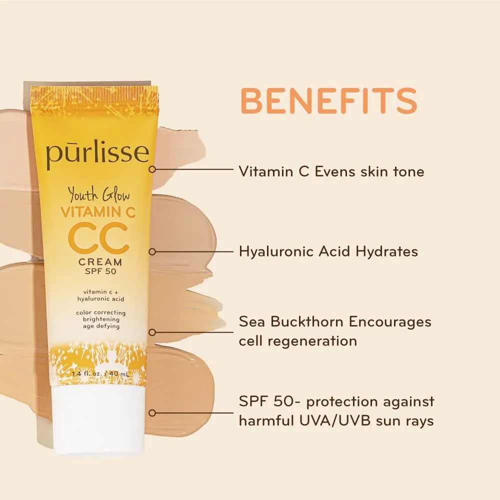 prlisse Youth Glow Vitamin C CC Cream SPF 50: Cruelty-Free & Clean, Paraben & Sulfate-Free, Full Coverage, Hydrates with Hyaluronic Acid | Medium 1.4oz