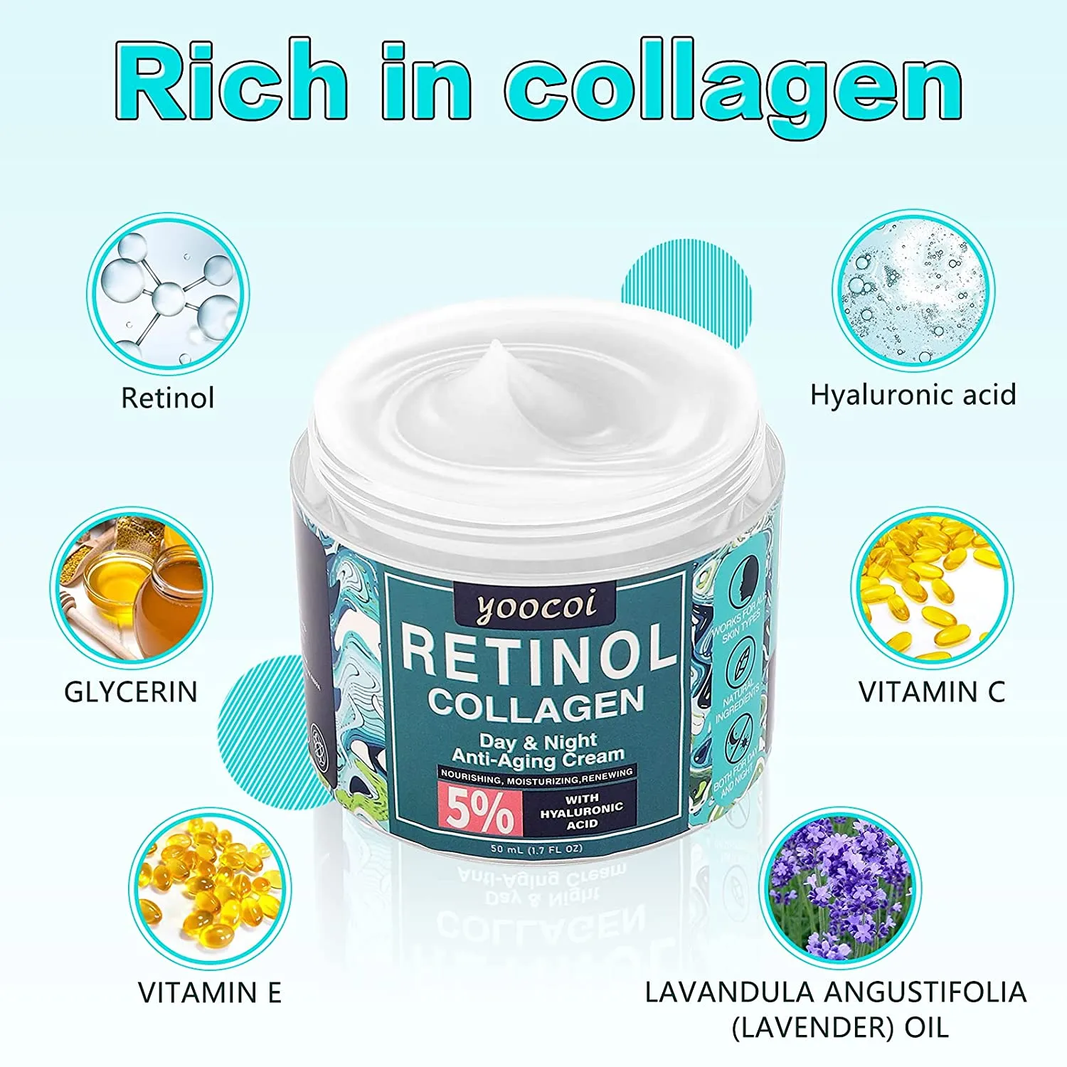 Retinol Cream For Face,Collagen Cream For Face,Day & Night Anti Aging Cream,Face Moisturizer,Natural Formula With Collagen For Advanced Anti-Wrinkle Cream(1.7oz)