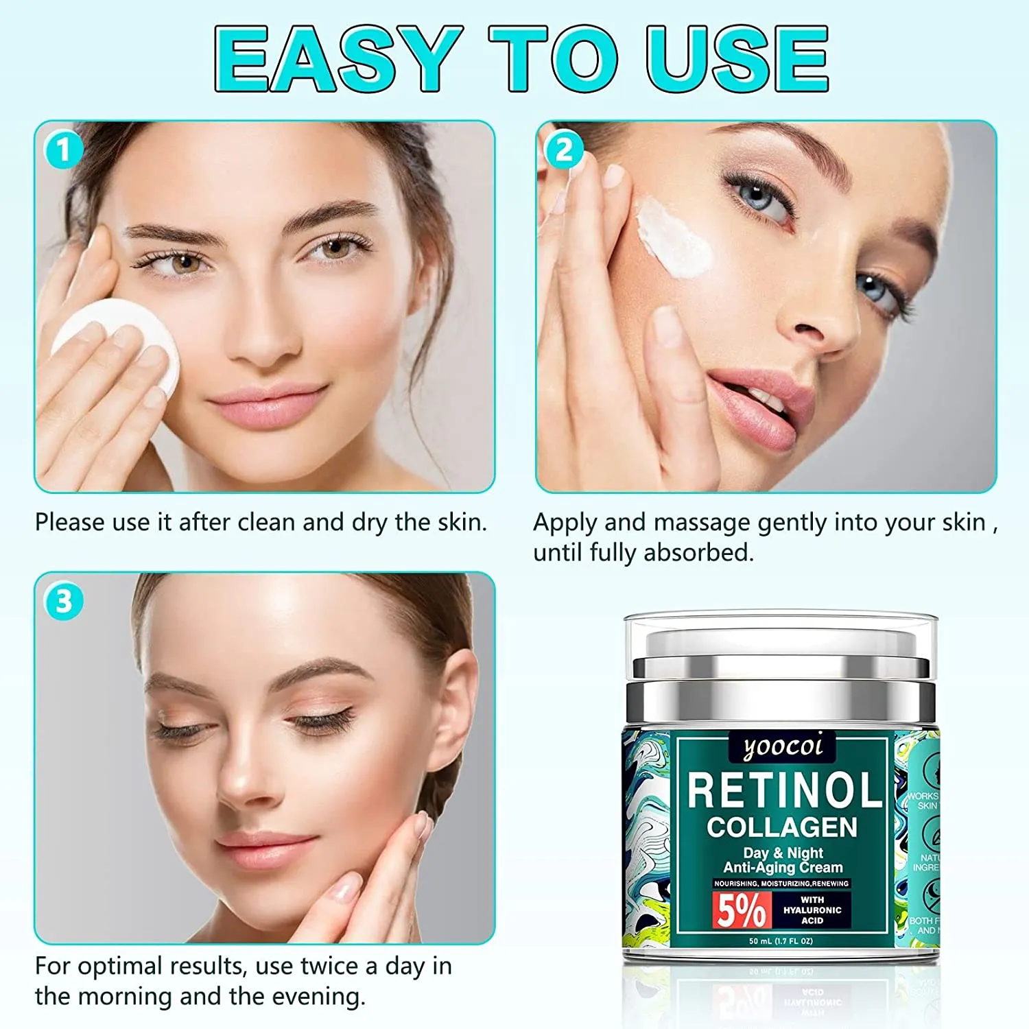 Retinol Cream For Face,Collagen Cream For Face,Day & Night Anti Aging Cream,Face Moisturizer,Natural Formula With Collagen For Advanced Anti-Wrinkle Cream(1.7oz)
