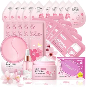 Skin Care Sets & Kits, Sakura Skin Care For Teenage Girls,Pamper Sets For Women Gifts,Facial Kit, Skincare Set,Cream,Serum,Toner,Cleanser,Eye Mask,Sleep Mask,Mud Mask,Lip Mask(24PCS)