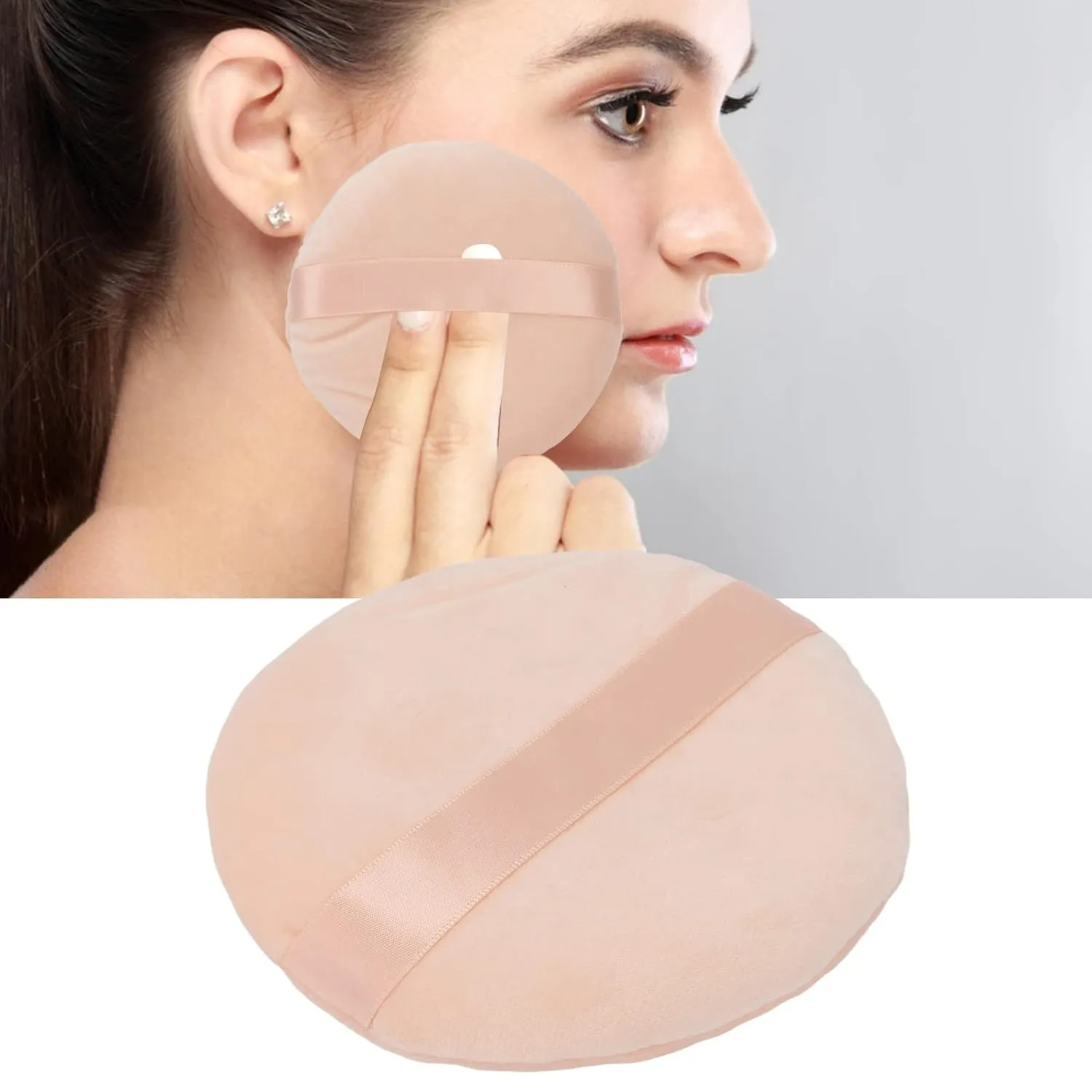 Ultra Large Round Powder Puff, Wet Dry Use Washable Cosmetic Puff with Tape Handle, Soft Swansdown Loose Powder Puff for All Skin, Easy Clean Multipurpose Makeup Puff Pads for Face Body(Skin Color)