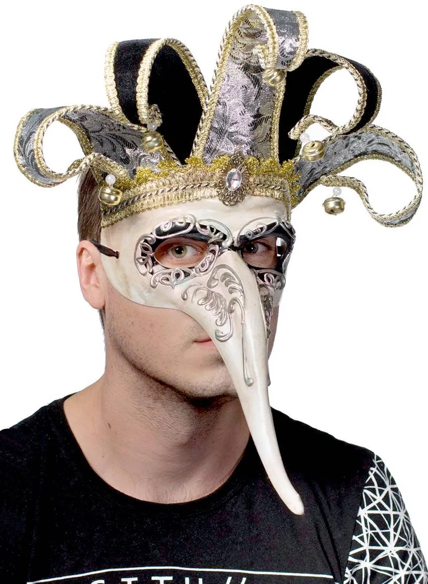 Venetian Long Nose Jester Antique Cream Masquerade Mask